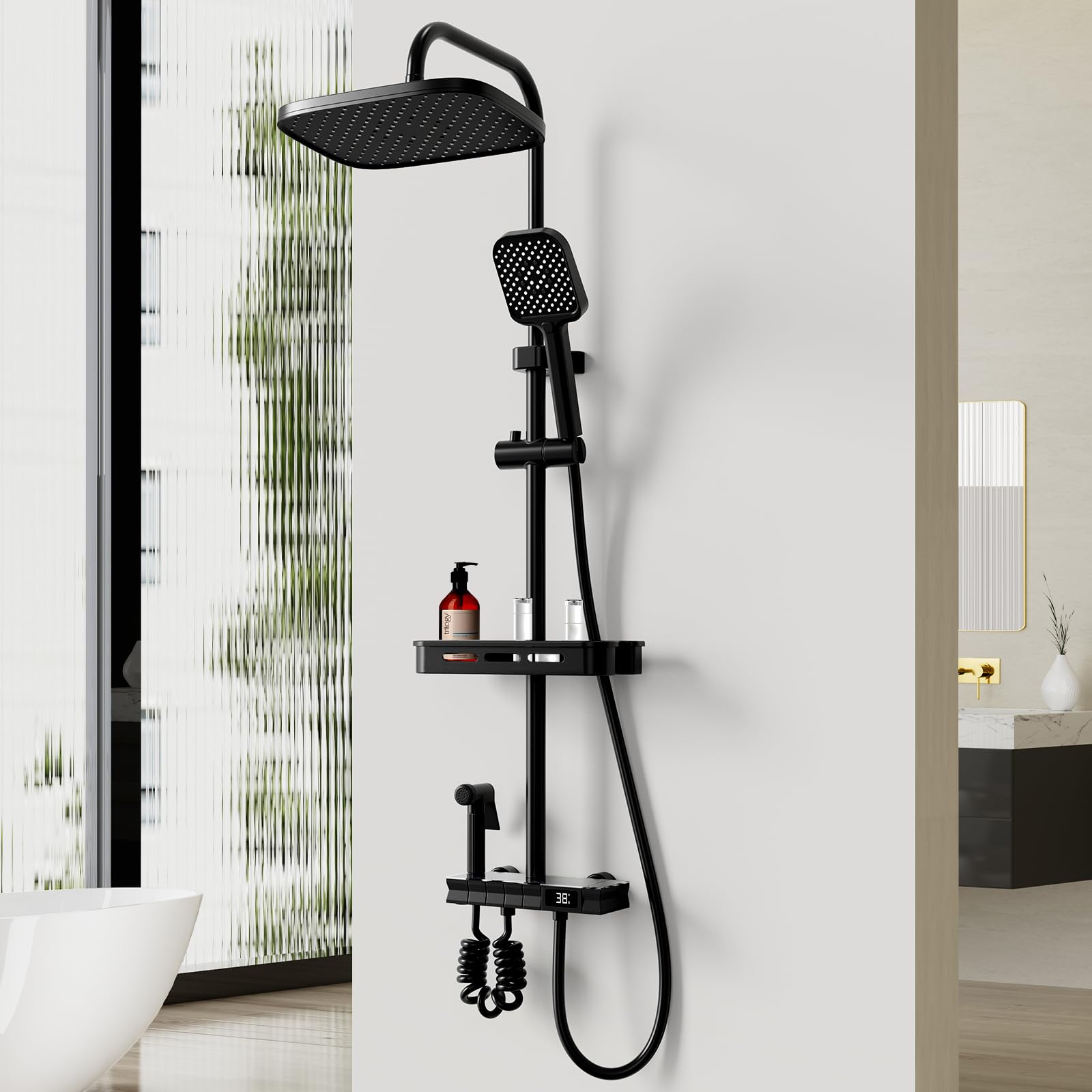 Mattschwarzes Duschsystem – 30,5 Cm Regenduschkopf Mit Handbrause, Wandmontage, Messing
