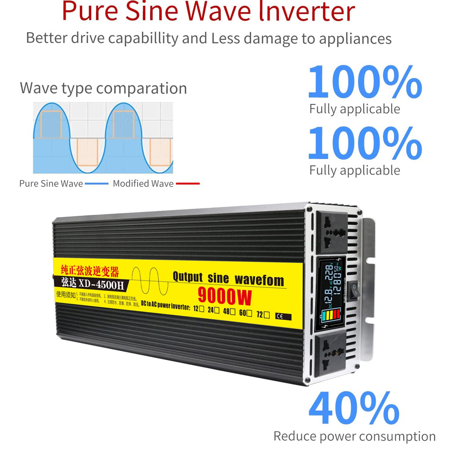4000W 5000W 6000W 7000W 8000W 9000W czysta fala sinusoidalna przetwornica DC 12V 24V 48V 60V do AC 230V przetwornica napięcia przetwornica napięcia z gniazda AC i wyświetlacz LCD,8000W-12V