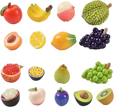 Mini Mixed Fruits 17Pcs, Artificial Fruit Miniature Resin Fruits Figurines Mini Fruit Models for Mini Kitchen Scene House Store Display Decoration