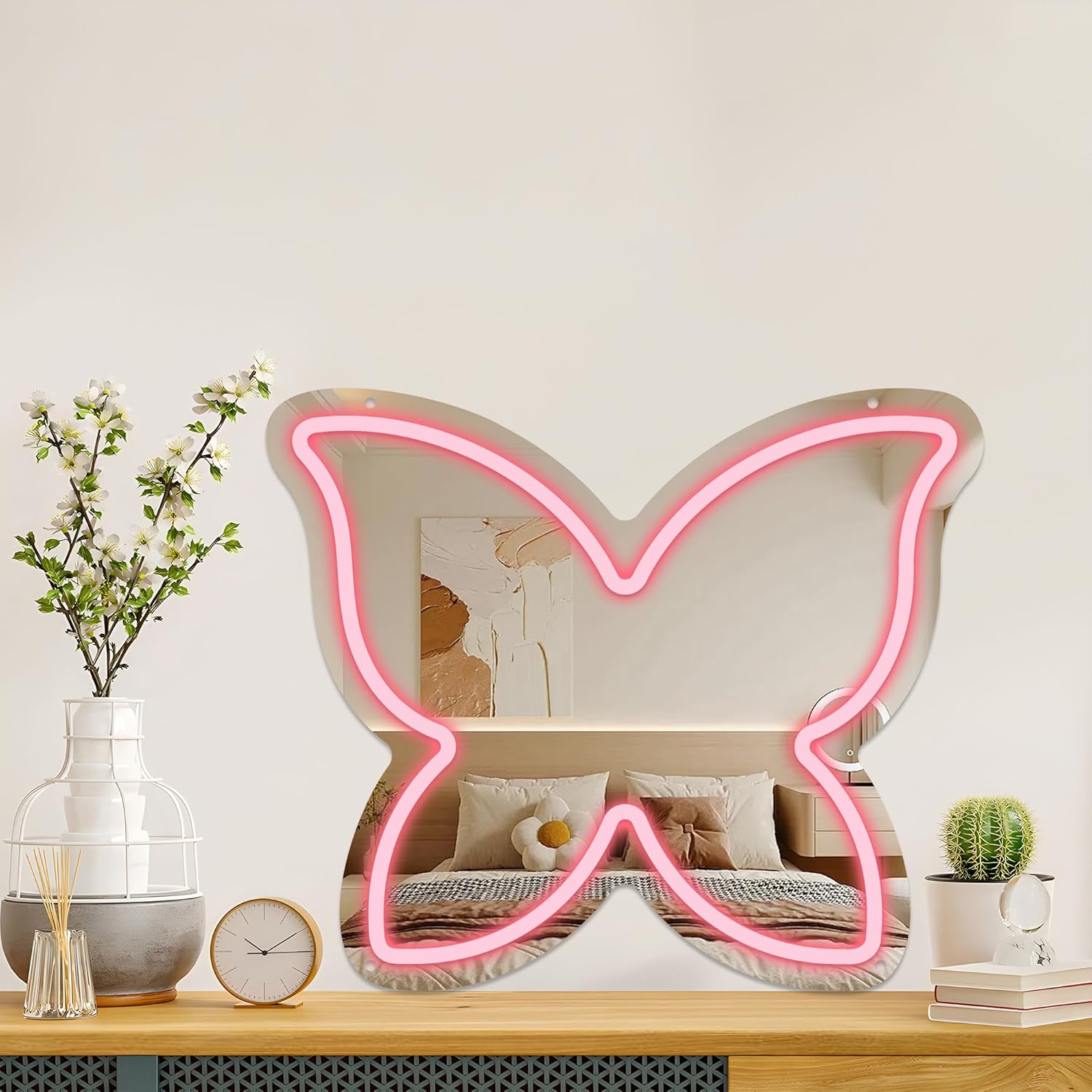 Anime Butterfly Mirror with Light Neon Signs for Locker Room Living Room Girl's Bedroom, Cute Acrylic Mirror with Dimmable for Girl Gifts, Cute Butterfly Decor