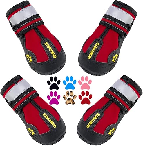 QUMY - Botas impermeables para perros, con tiras reflectantes, suela antideslizante y rugosa, juego de 4 unidades (color rojo, talla 2 1.8 x