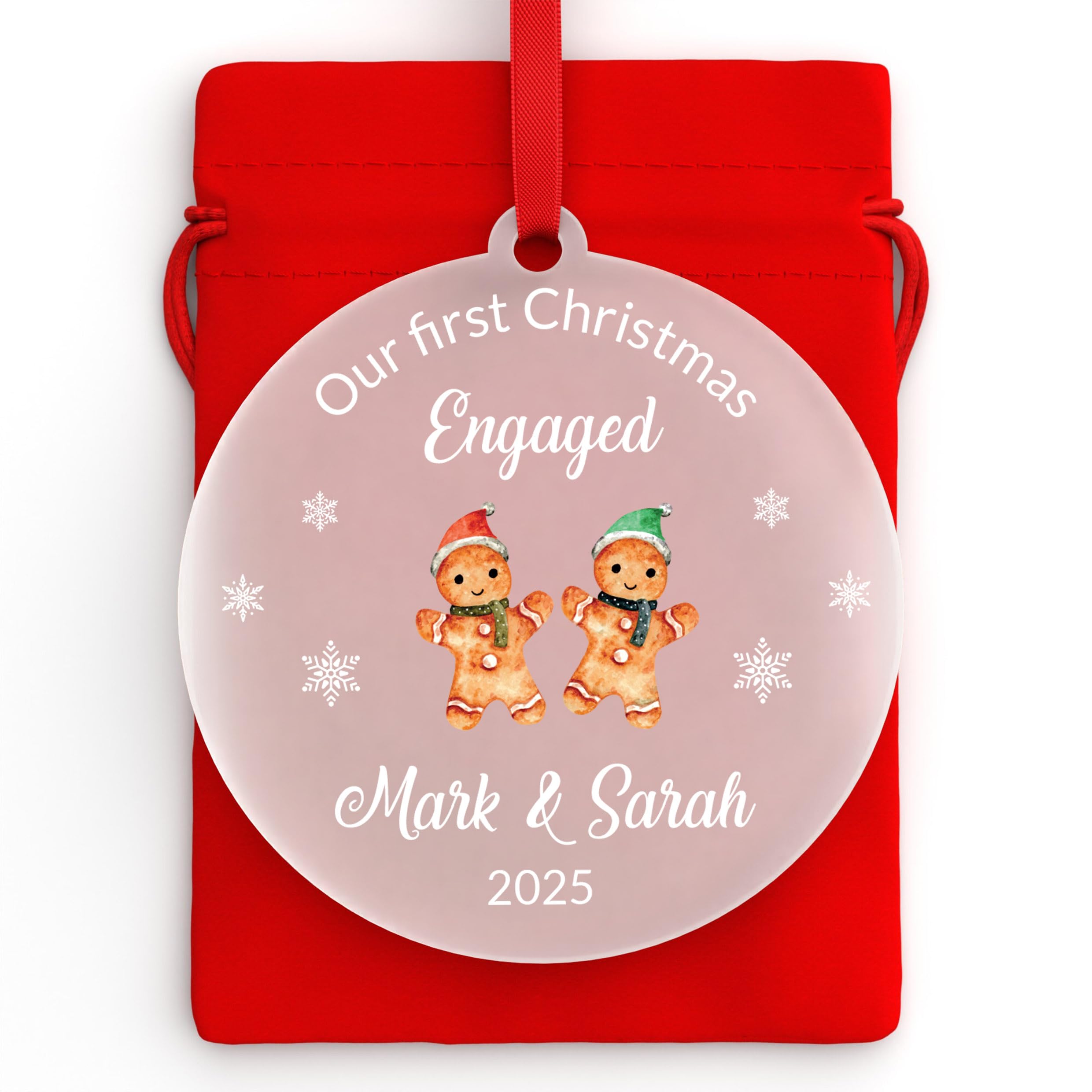 Beecreative 1st First Christmas Engaged Bauble | Personalised Couples Gingerbread Man Ornament | Last Christmas Mr & Miss | With Red Bag