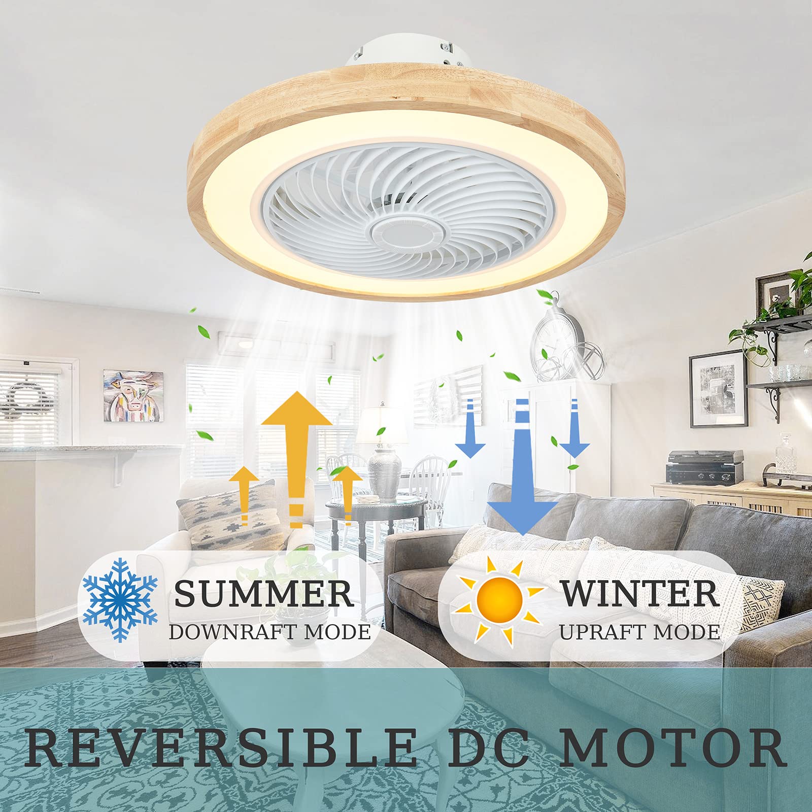 Ventilateur De Plafond Avec Lumière LED Dimmable - 50cm, Bois & Télécommande + APP - Pour Salon/Chambre - 7