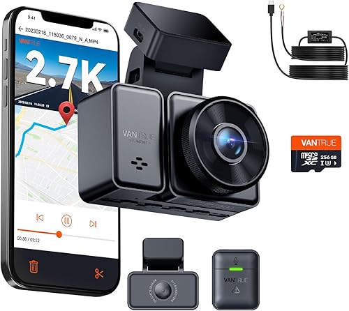 Paquete de 3 artículos cámara de tablero GPS Vantrue E2 Dual 2.7K + tarjeta SD Vantrue de 256 GB + kit de cableado cámara de tablero de 2.7 K