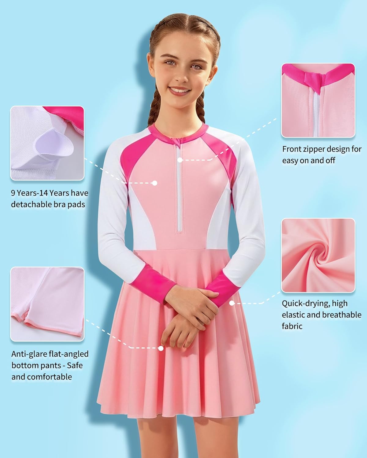 Mioglrie Girls Swimsuit Teens Bathing Suits Girls Long Sleeve Swimsuit One Piece Juniors Swimwear for 7-14 Years Kids - Image 4