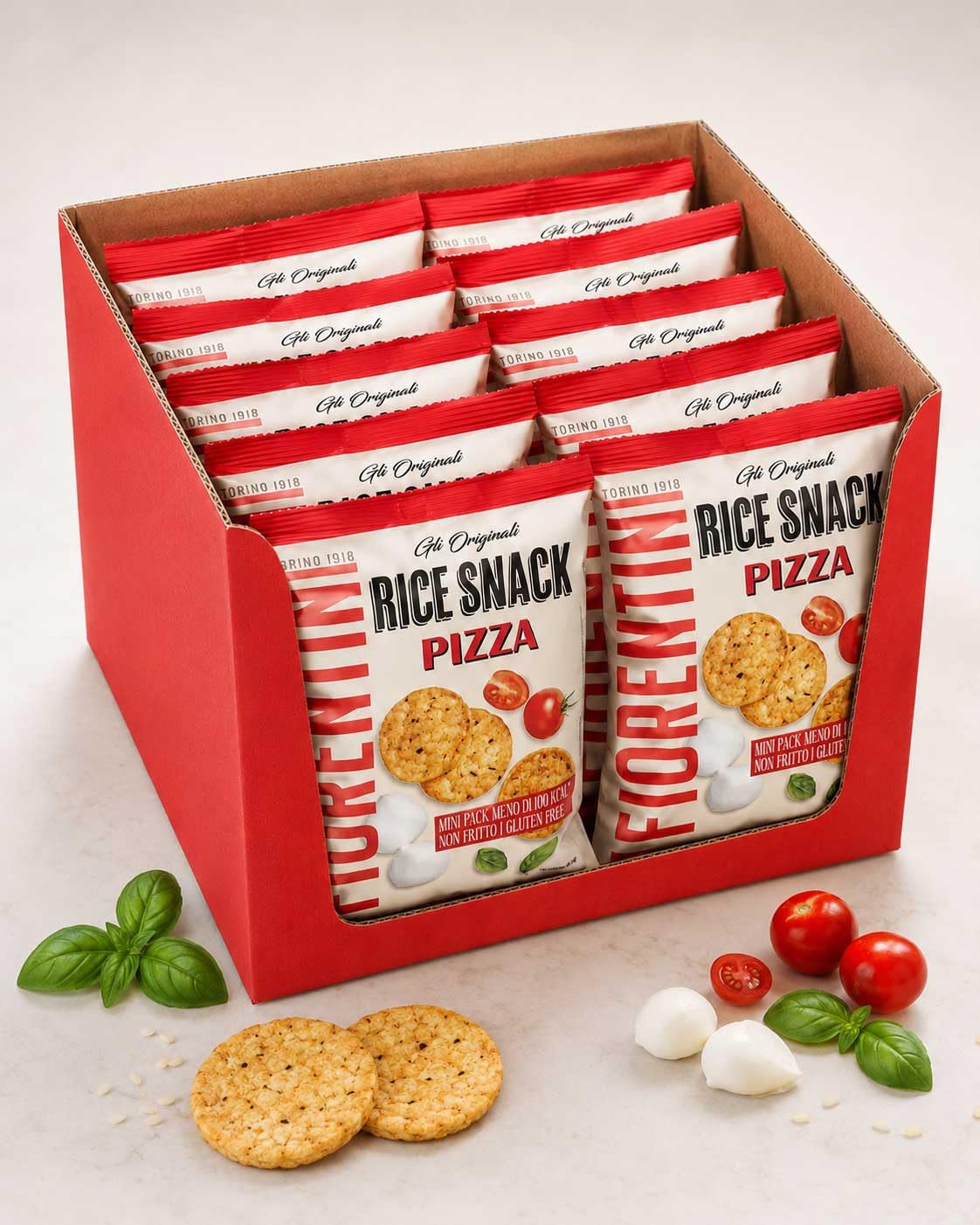 Rice Snack Pizza Mini Pack 20g per Fiorentini, Box con 12 Confezioni da 20g, Snack di Riso Croccanti Gusto Pizza, Senza Glutine, Non Fritti, Monoporzione per Aperitivo e Pausa Snack