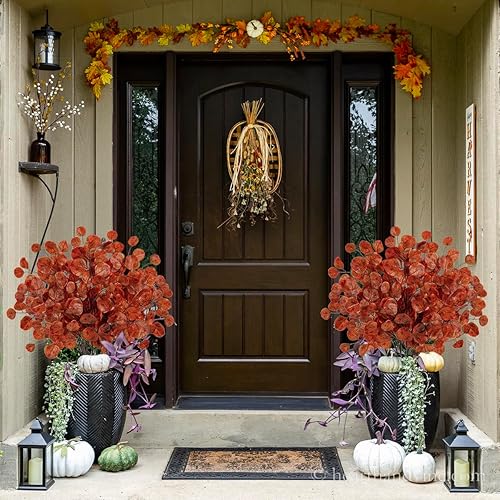 Miniatura 6 de GnFlus 6 tallos de eucalipto de otoño artificiales de 29 pulgadas, hojas de eucalipto de otoño falsas, de seda sintética, ramas de hojas para el