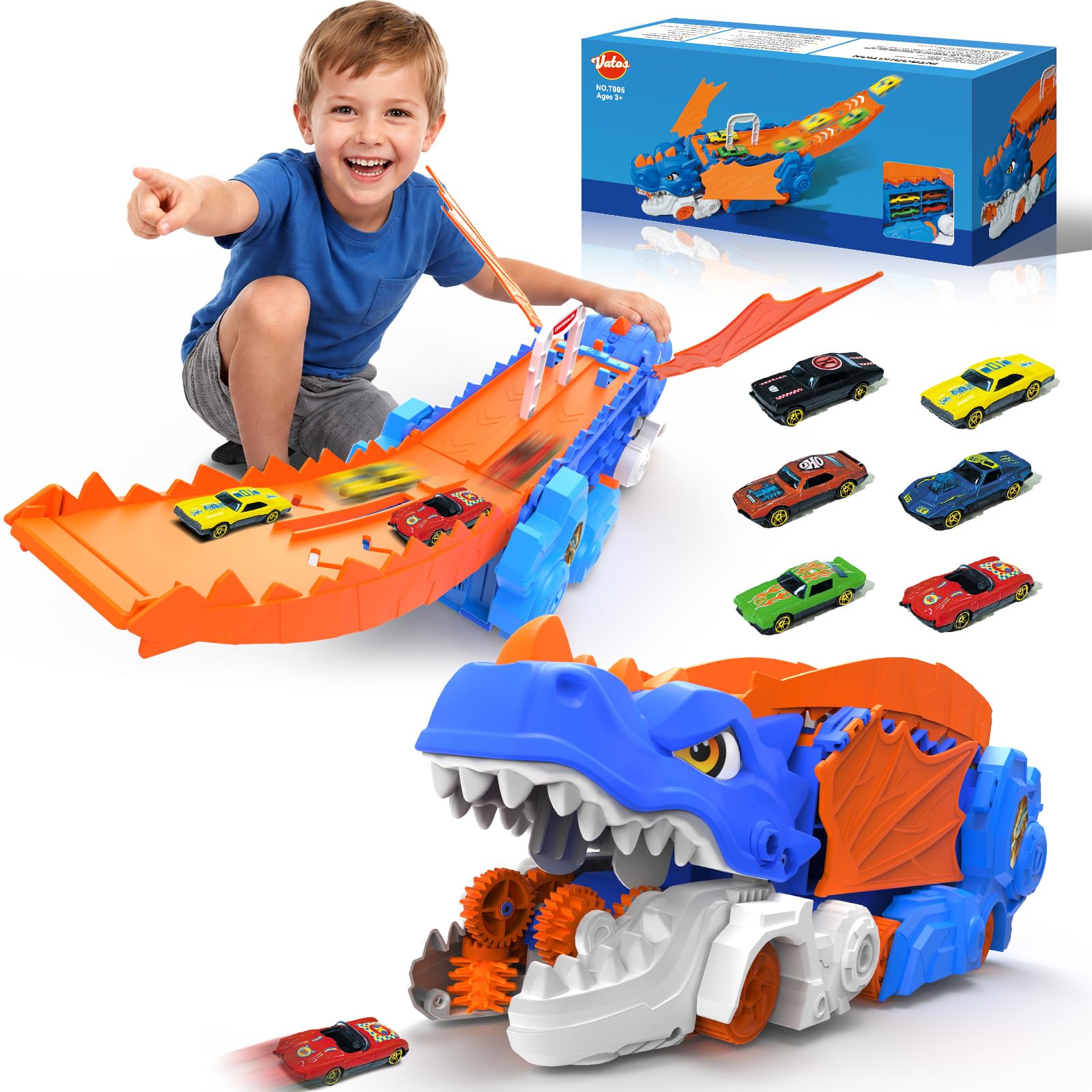 VATOS Camion giocattolo per il trasporto di dinosauri, giocattolo per bambini con suono e 6 auto da corsa, set di veicoli da trasporto per bambini dai 3 ai 5 anni