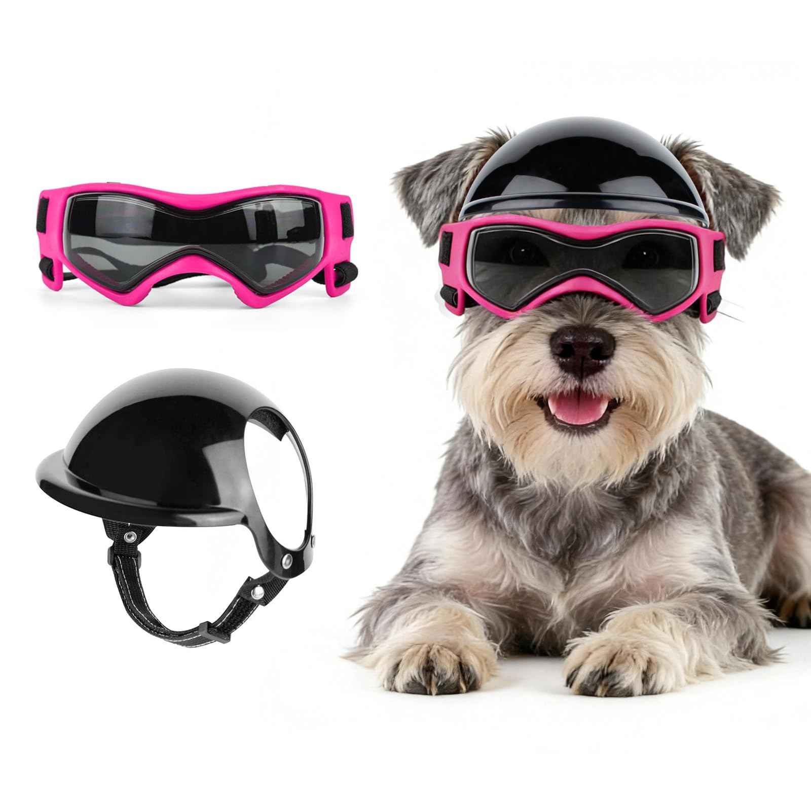 LESYPET Occhiali per cani di piccola taglia con casco, occhiali da sole e casco per guida all'aperto, protezione UV, occhiali da sole per cani di piccola taglia, protezione per gli occhi, rosa e nero