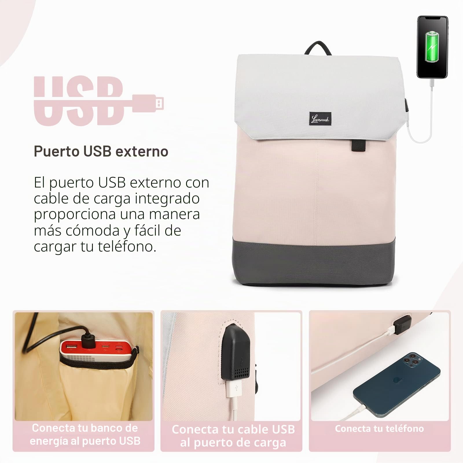LOVEVOOK Mochila Portatil Mujer, 15.6 Pulgadas Mochila Antirrobo Impermeable Elegante para Ordenador Portátil con Carga USB para la Viajes, Universidad, Negocios-Rosa