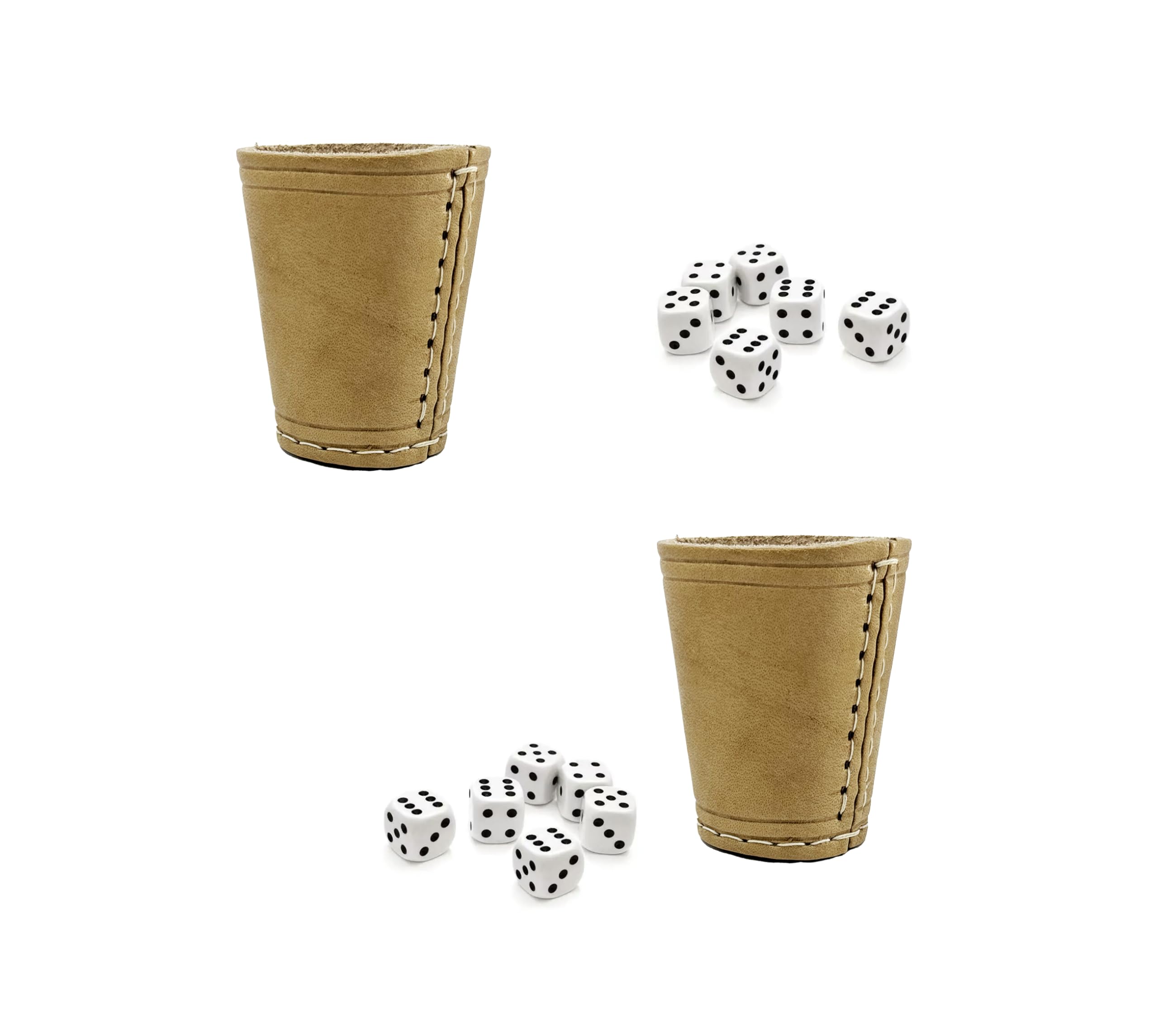Würfelbecher inkl. 6 Würfel in 2er Set - Klassischer Handgearbeiteter Lederbecher 9cm - Würfelbecher Leder mit 6 Würfeln (Natur, 2)