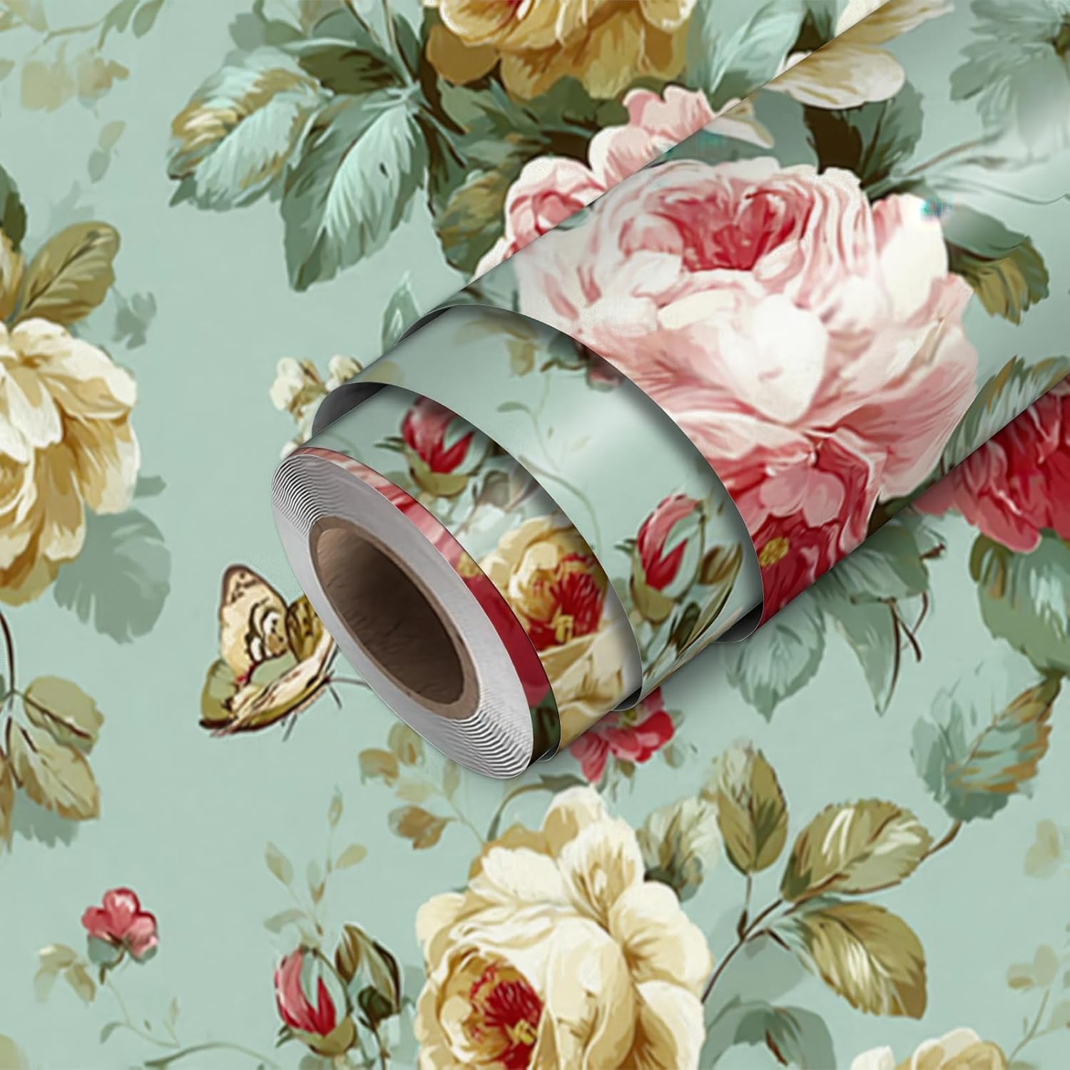 HOMETITUTE Wallpaper Peel and Stick Vintage Rose Garden on Teal Background Contact Paper Wall Paper Stick 17.7" x 118.1" Self Adhesive Removable Vinyl Wall Covering Bedroom Kitchen Bathroom Home Decor
