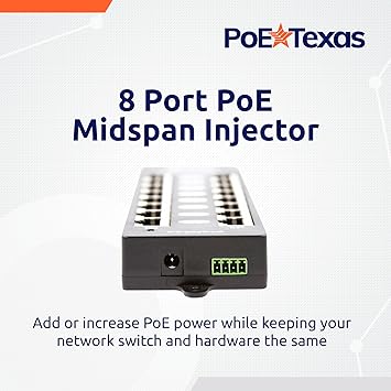 PoE Texas 8 Port PoE Injector - Gigabit Passive Power Over Ethernet Midspan - Front Wall Mount Solution for Security Cameras, IP Phones, WiFi APs - Add PoE to Non-PoE Switch (Without Power Supply)