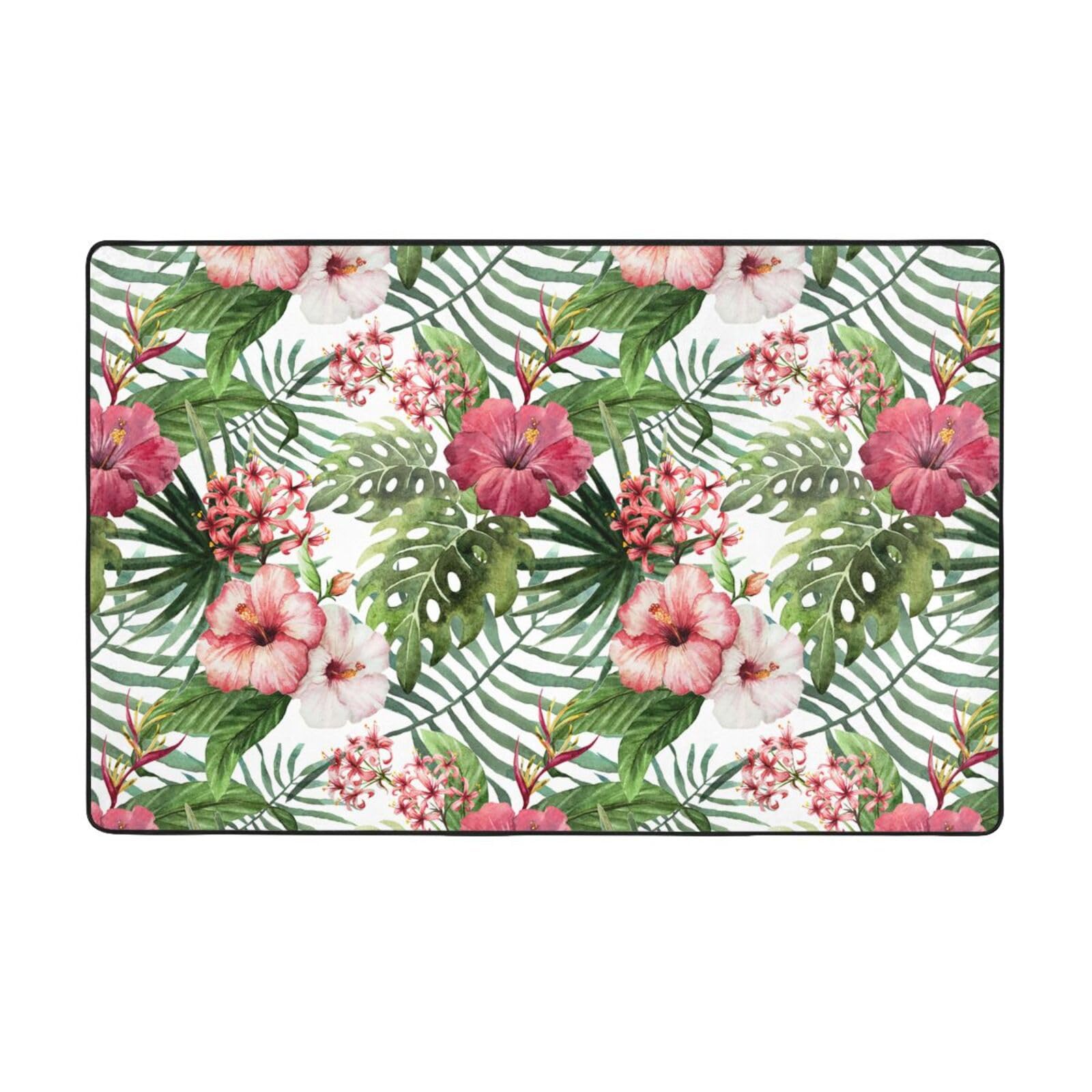 Tapis de salon lavable et antidérapant motif tropical en peluche 150x100 cm