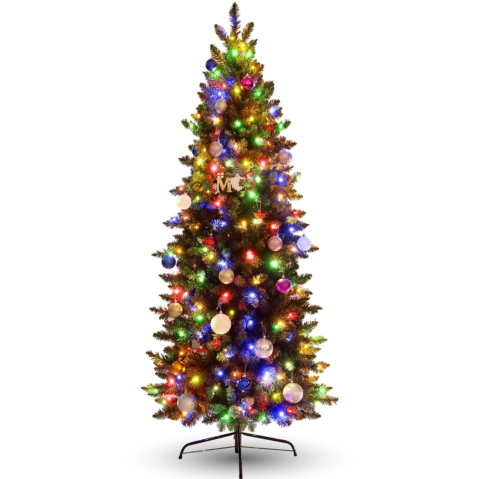 6 ft Pre-Lit Pencil Artificial Christmas Tree with Multicolor LED Lights - Slim Spruce Green Xmas Tress, Easy Assembly, Hinged Branches, and Sturdy Metal Stand