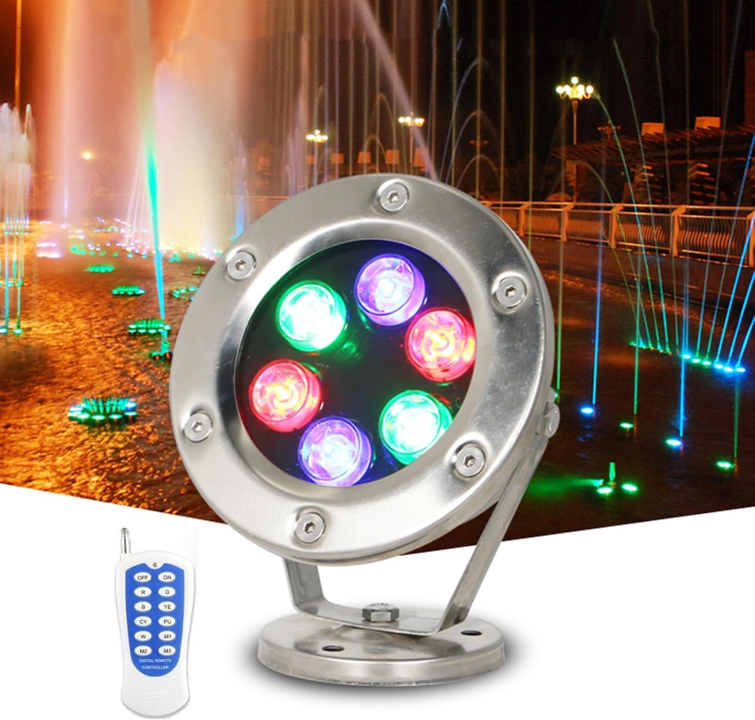 RGB Colorful Pool Lights Submersible LED Spot with Remote Control IP68 Waterproof Low Voltage Underwater Pond Light for Patio, Villa, Park, Scenic Area, Waterfall Landscape Light(9W-AC12V)