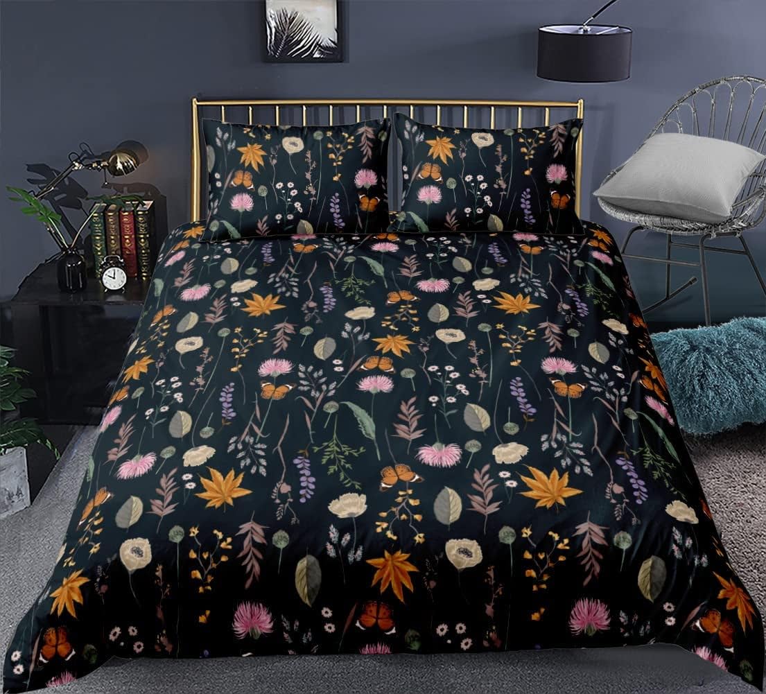 Housse de couette 140x200 prune plante et papillon en microfibre