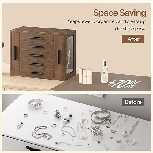 Miniatura 9 de HOOBRO Joyero de 5 niveles, organizador de joyas de madera con ventanas transparentes, caja de almacenamiento de joyas con 2 cajones verticales,