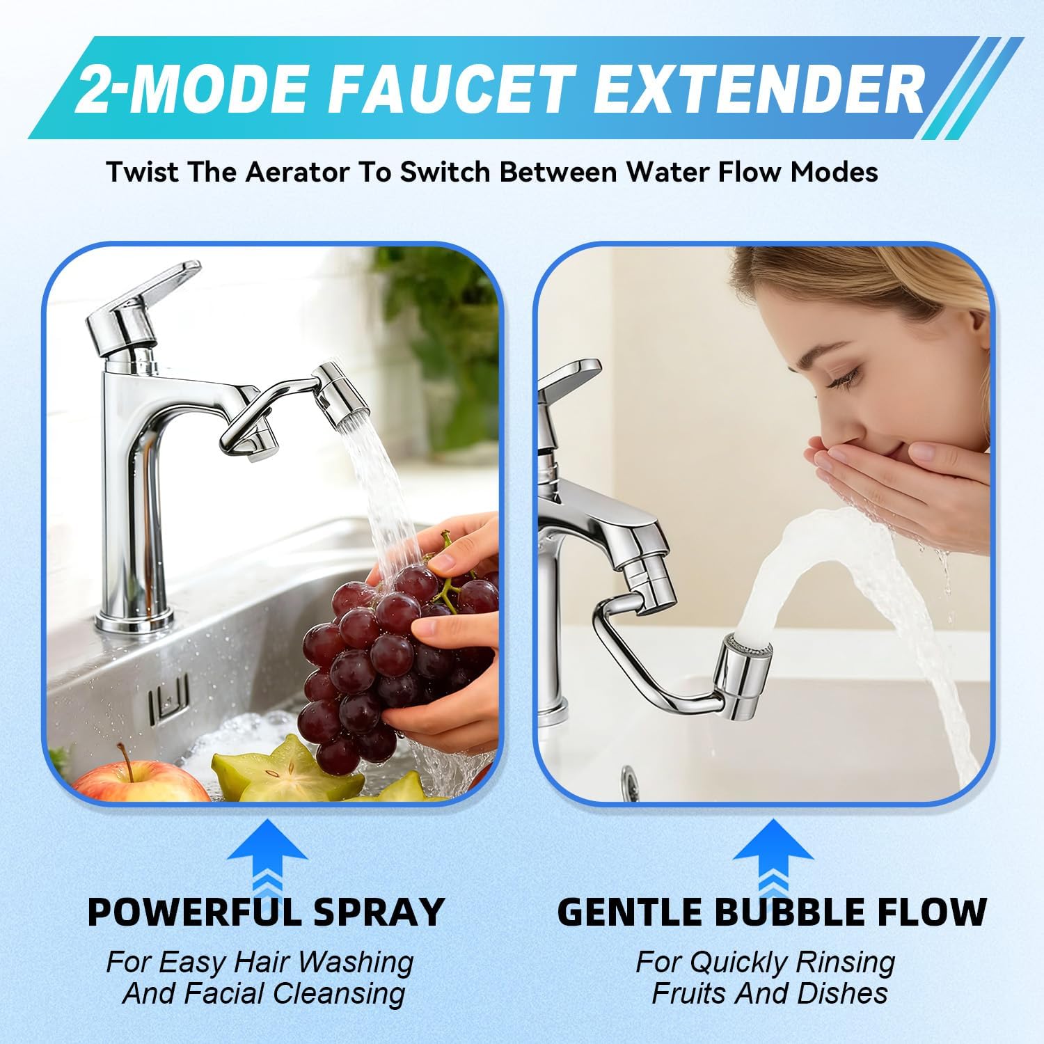 2 PCS 1440°Rotatable Faucet Aerator Extension, 1080°Multifunctional Swivel Faucet Aerator Extender with 2 Mode Adjustable, 360°Rotating Universal Extender U Shape for Kitchen Bathroom Sink Silver
