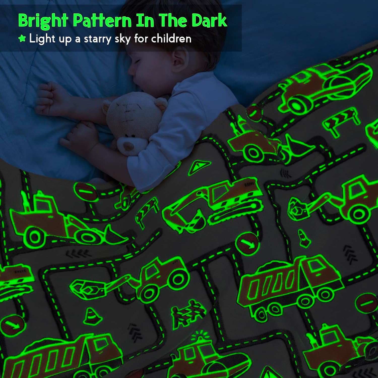Kids Boys Construction Excavator Gifts Toys - Glow in The Dark Truck Blanket Birthday Christmas Valentine's Easter Gift for Age 1 2 3 4 5 6 7 8 9 10 Years Old Teen Toddlers Car Plush Throw 50"x60" - Image 3