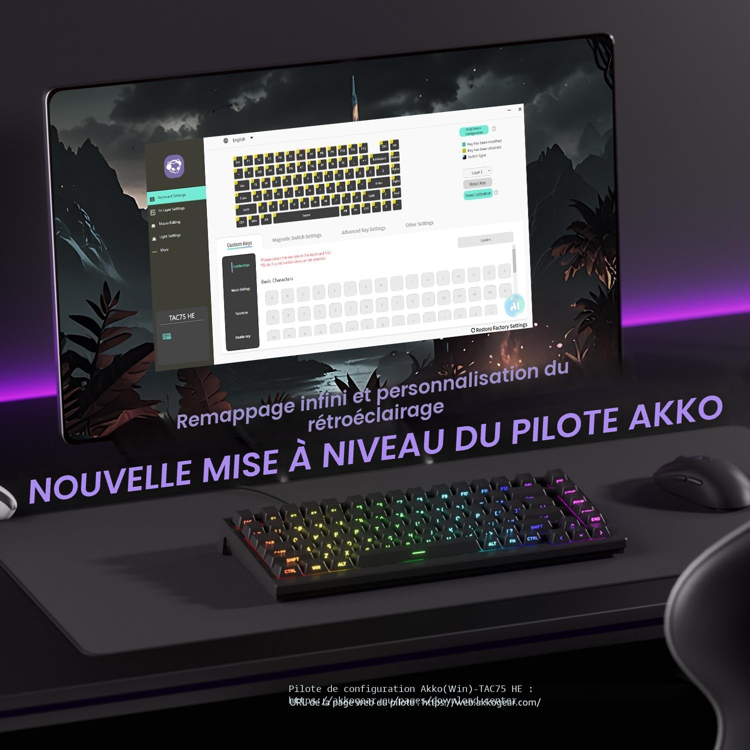 Akko TAC75 Clavier de Jeu Filaire à déclenchement Rapide,interrupteurs magnétiques à Effet Hall,Disposition américaine 75%,fréquence d'interrogation de 8 000 Hz(Noir Brillant, Glare Magnetic Switch)