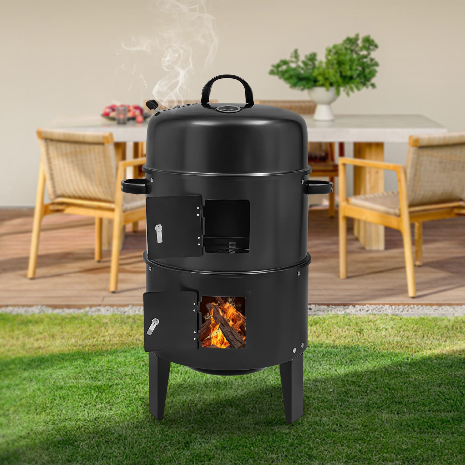 Grano Grill 3 in 1, affumicatore per barbecue, con potenza del vento regolabile, barbecue da giardino, con termometro