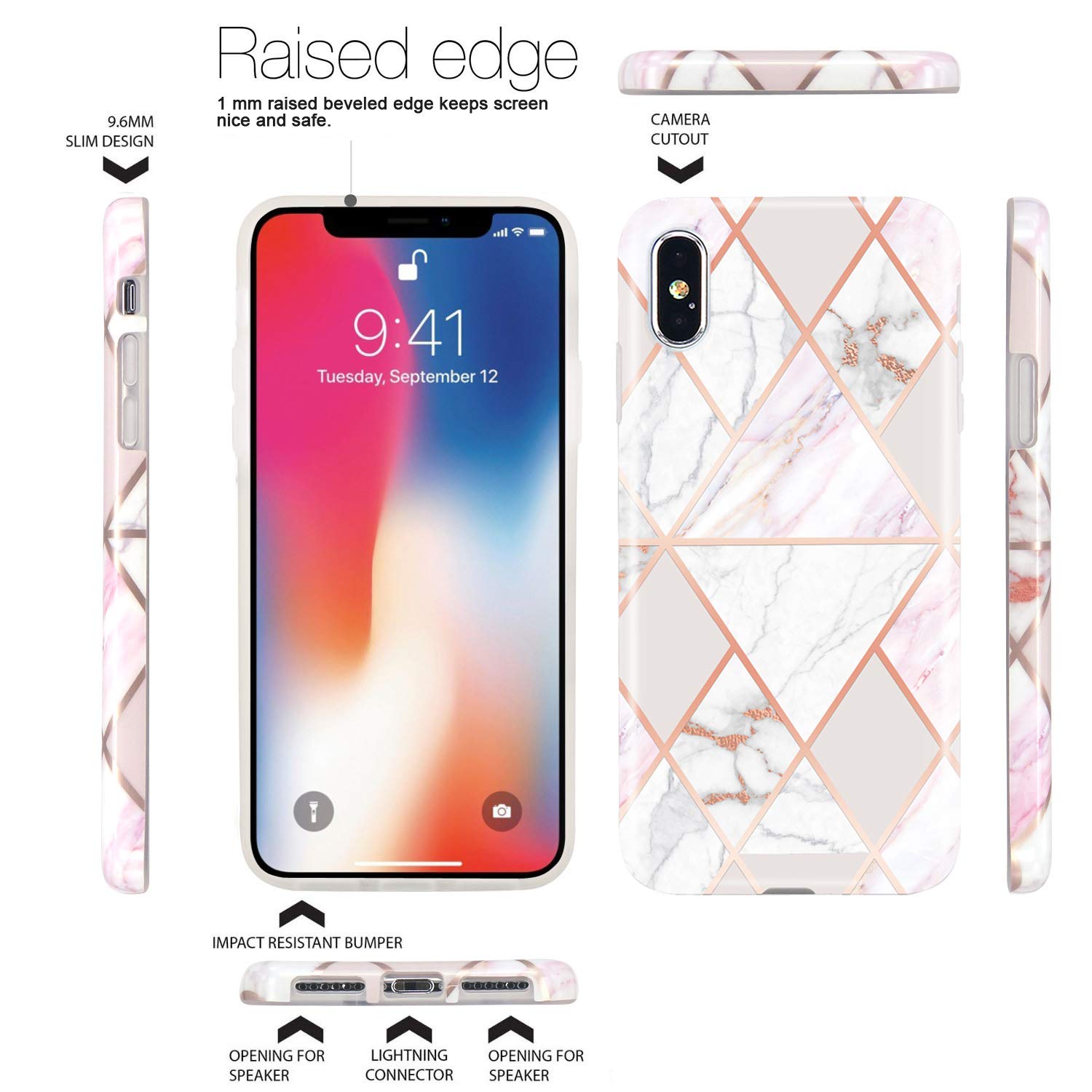 Custodia JAHOLAN Per IPhone X/XS - Effetto Marmo Geometrico Rosa Oro, TPU Trasparente - 3