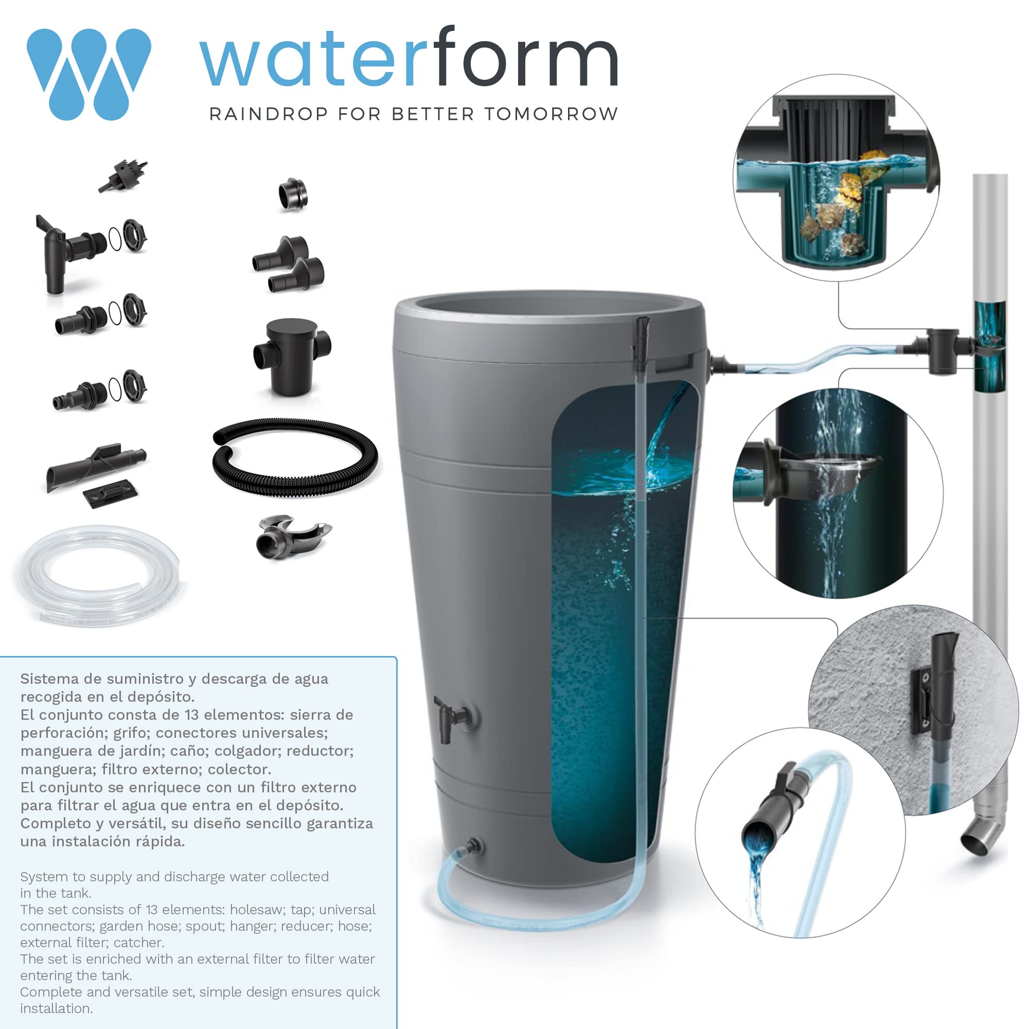 Barril de captación de agua aqua tower 350l., dimensiones (mm) 775x383x1350 + Set de accesorios icanset7