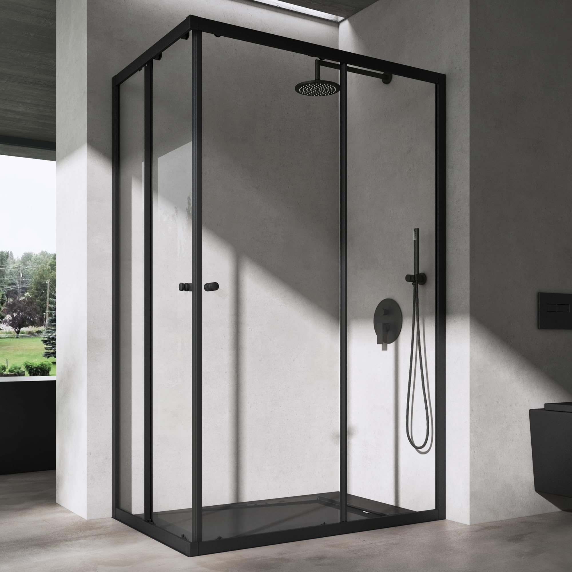 doporro Cabina de ducha de esquina puerta corredera 120x90cm mampara de ducha incl. Plato de ducha cristal transparente 6mm ESG Ravenna16K plus negro