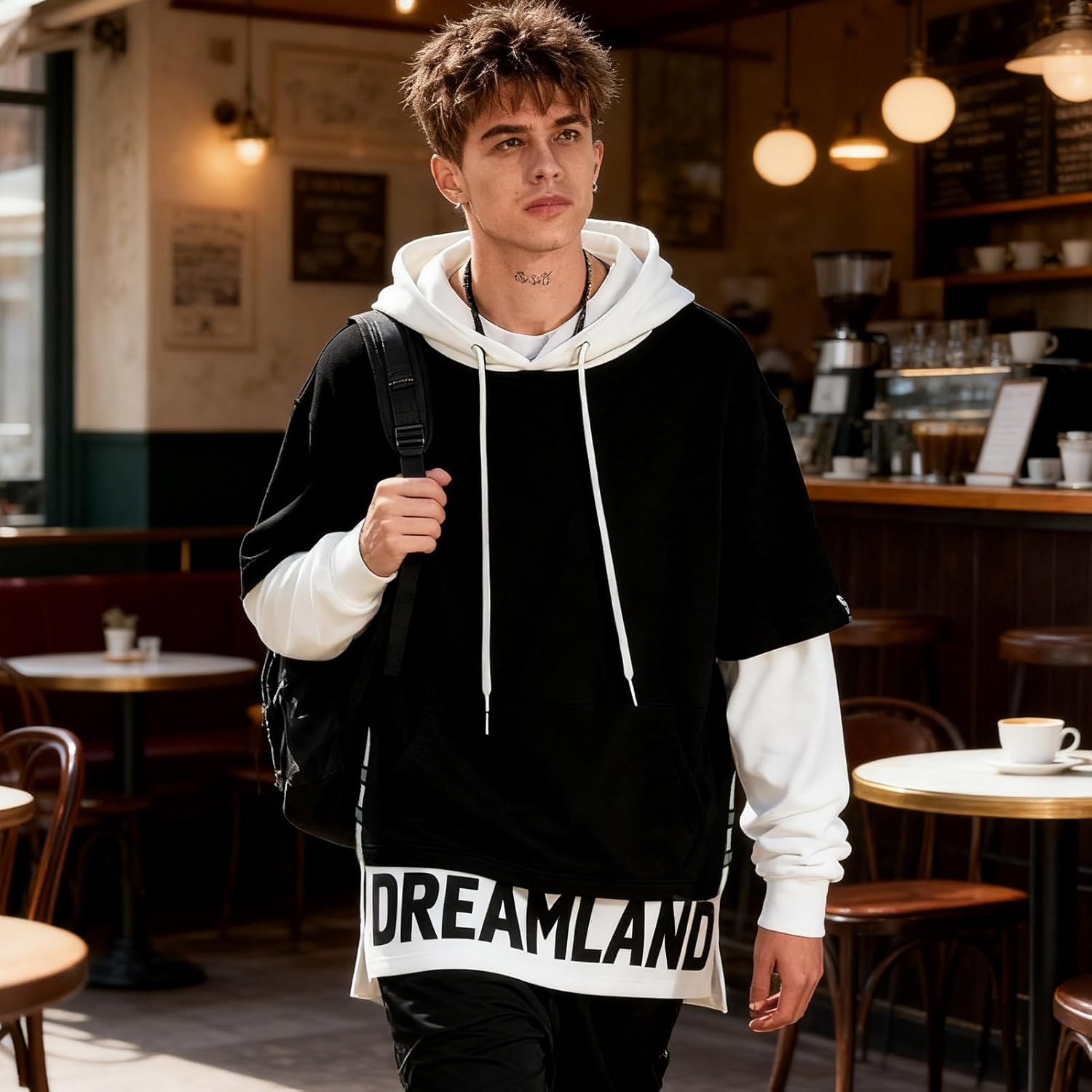 Mens Colorblock Hoodie Casual Patchwork Soft Cotton Pullover Letter Print japanese Hooded Sweatshirt with Design