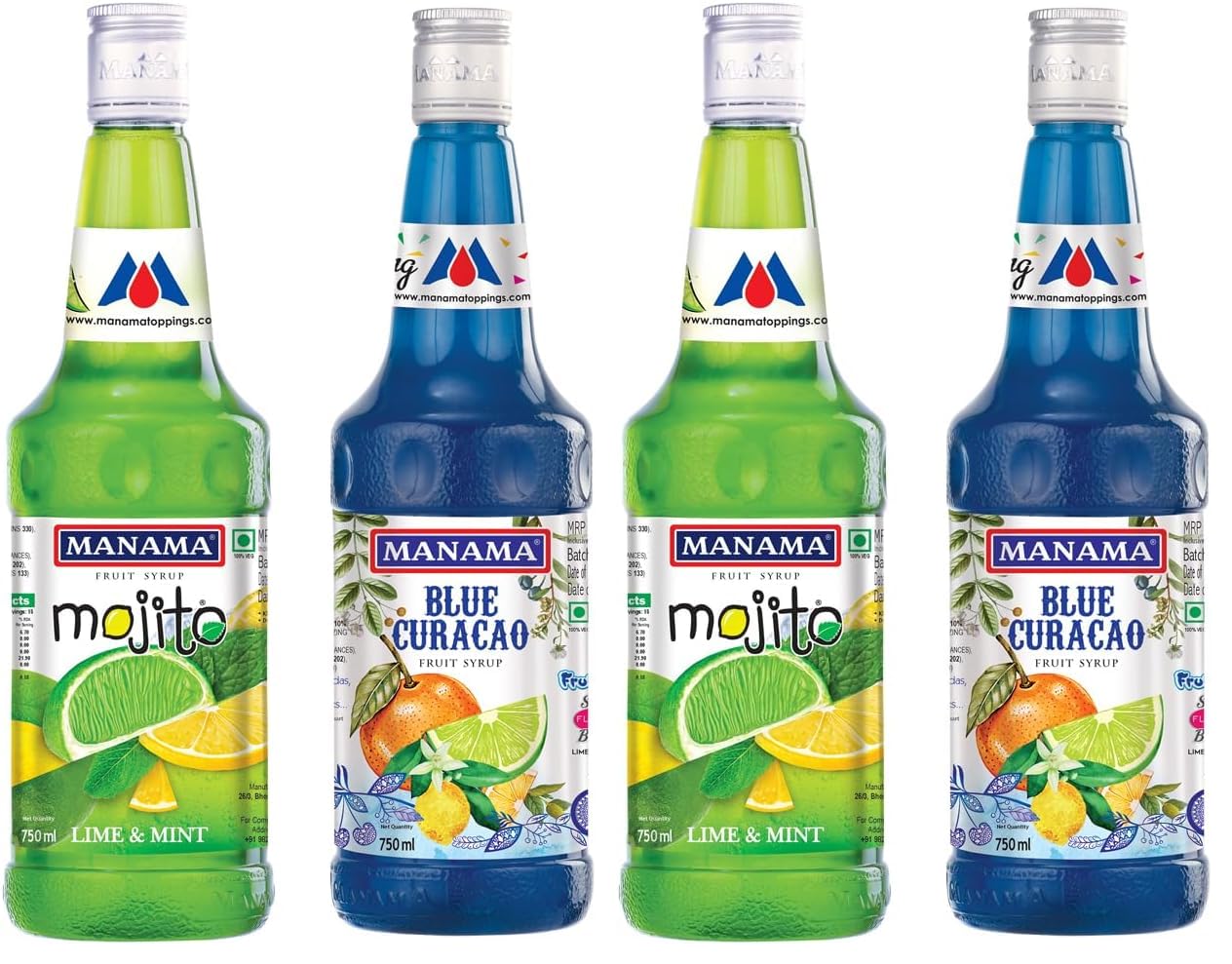 Manama Lime and Mint Mojito Flavoured Syrup and Blue Curacao Flavoured Fruit Twist Syrup 750ML Each, Pack of 4-image-31