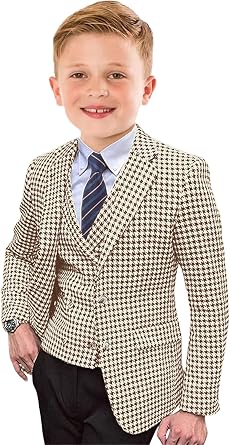Boys Plaid Suit 3 Piece Houndstooth Tweed Toddler Suits for Wedding Party Kids Tuxedo Slim Fit Jacket Vest Pants