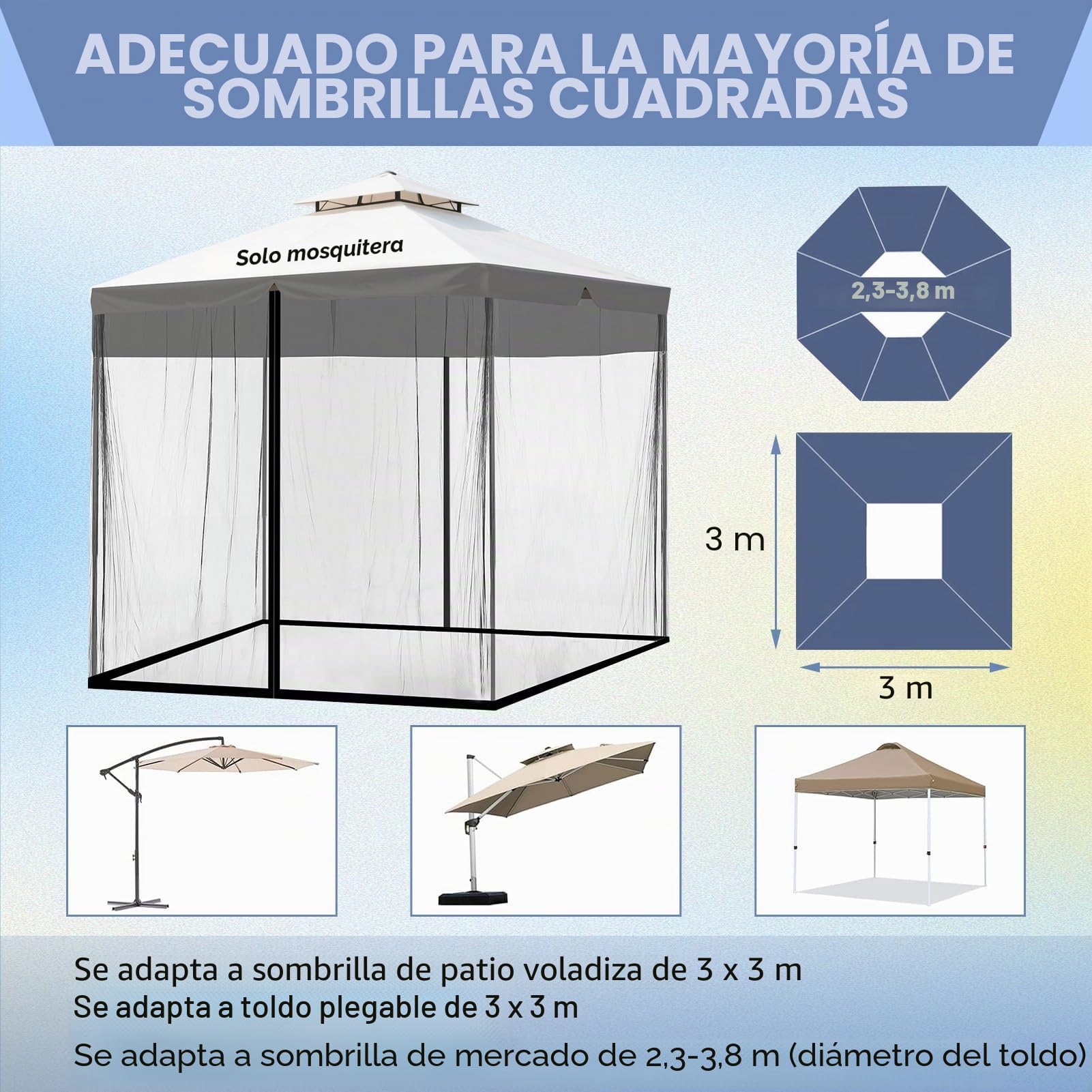 Mosquitera cuadrada para paraguas, red de paraguas de patio, mosquitera a prueba de viento con cremallera, cordón ajustable y base rellenable de agua para paraguas cuadrados, toldos de hierro