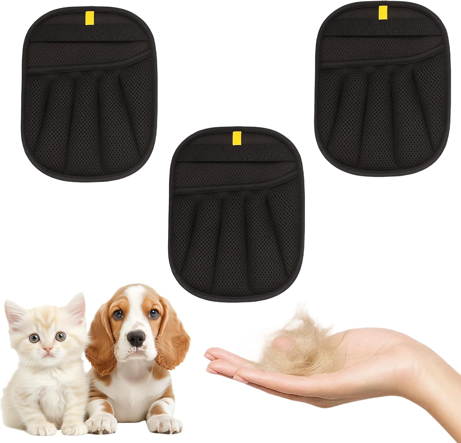 Pet Hair Removal Glove, 3 Pack Electrostatic Pet Hair Remover Gloves for Cats and Dogs, Reusable Grooming Tool (Yellow Black)