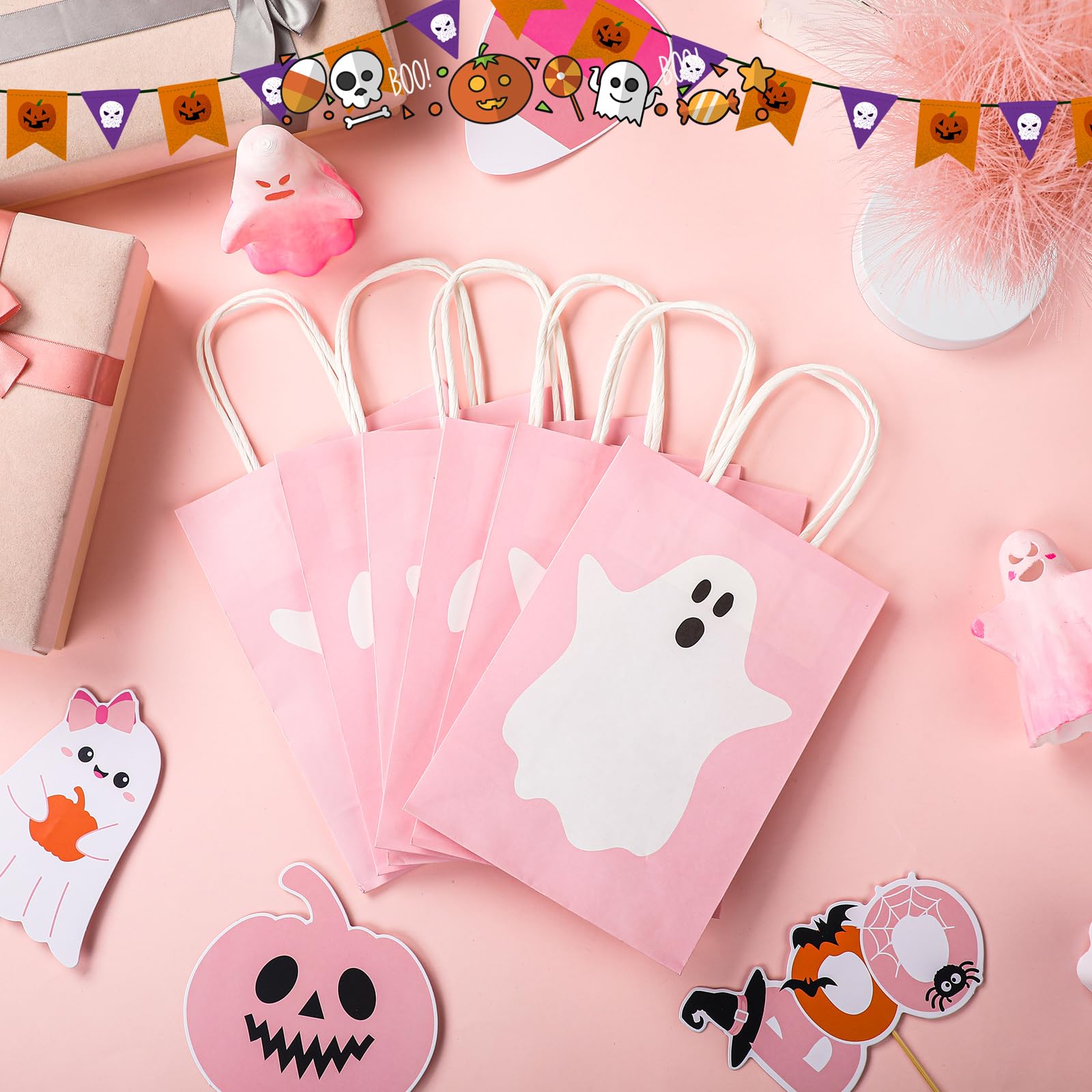 Wollmix 24-Pack Pink Halloween Gift Bags - Cute Ghost & Pumpkin Treat Bags With Handles, 6x3x8 Inch, Party Favor Supplies - View #9