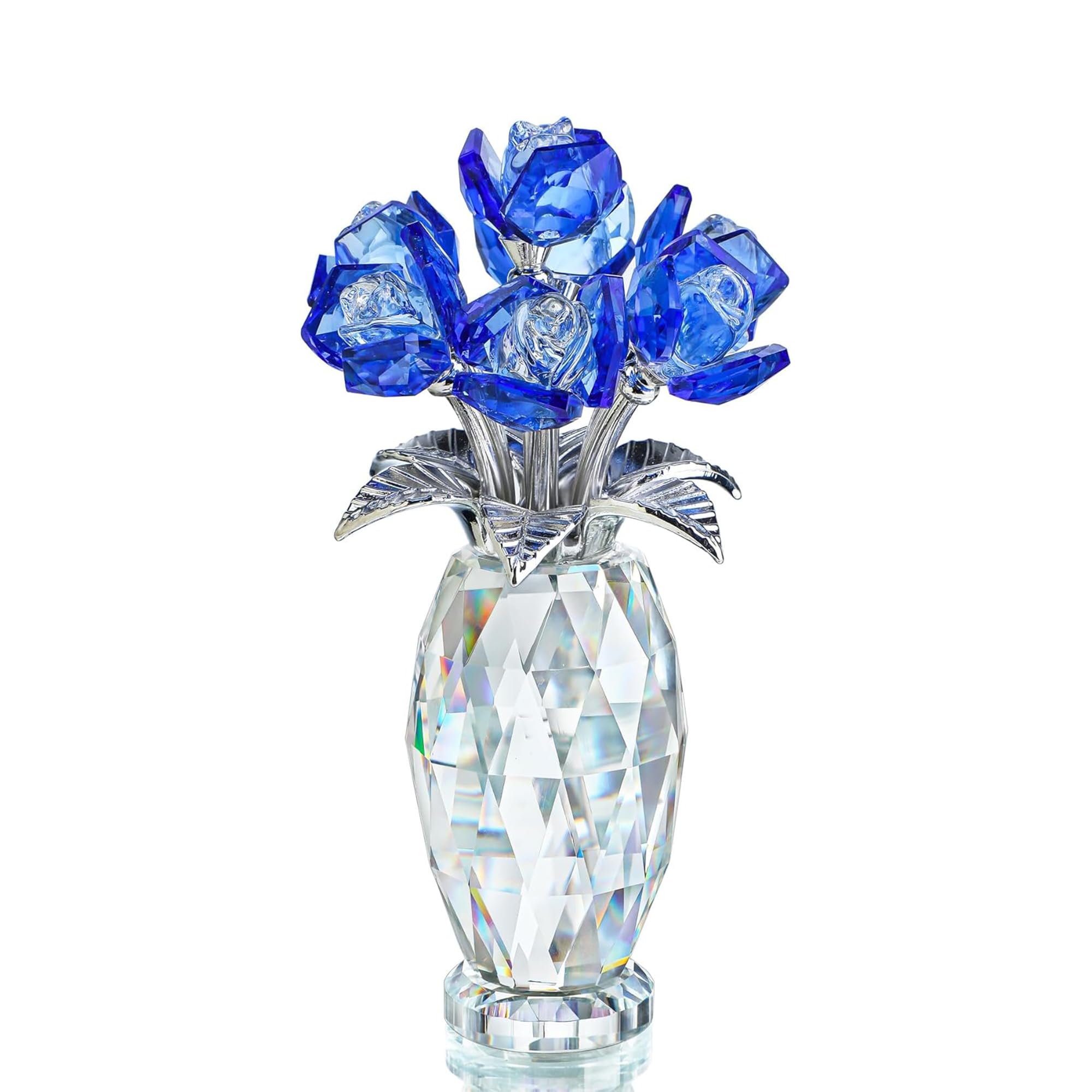 H&D HYALINE & DORA Blue Crystal Rose Flower Paperweight,Glass Flower Gifts for Women Girl Wife,Crystal Flowers Bouquet Collectible for Christmas Day Wedding Anniversary