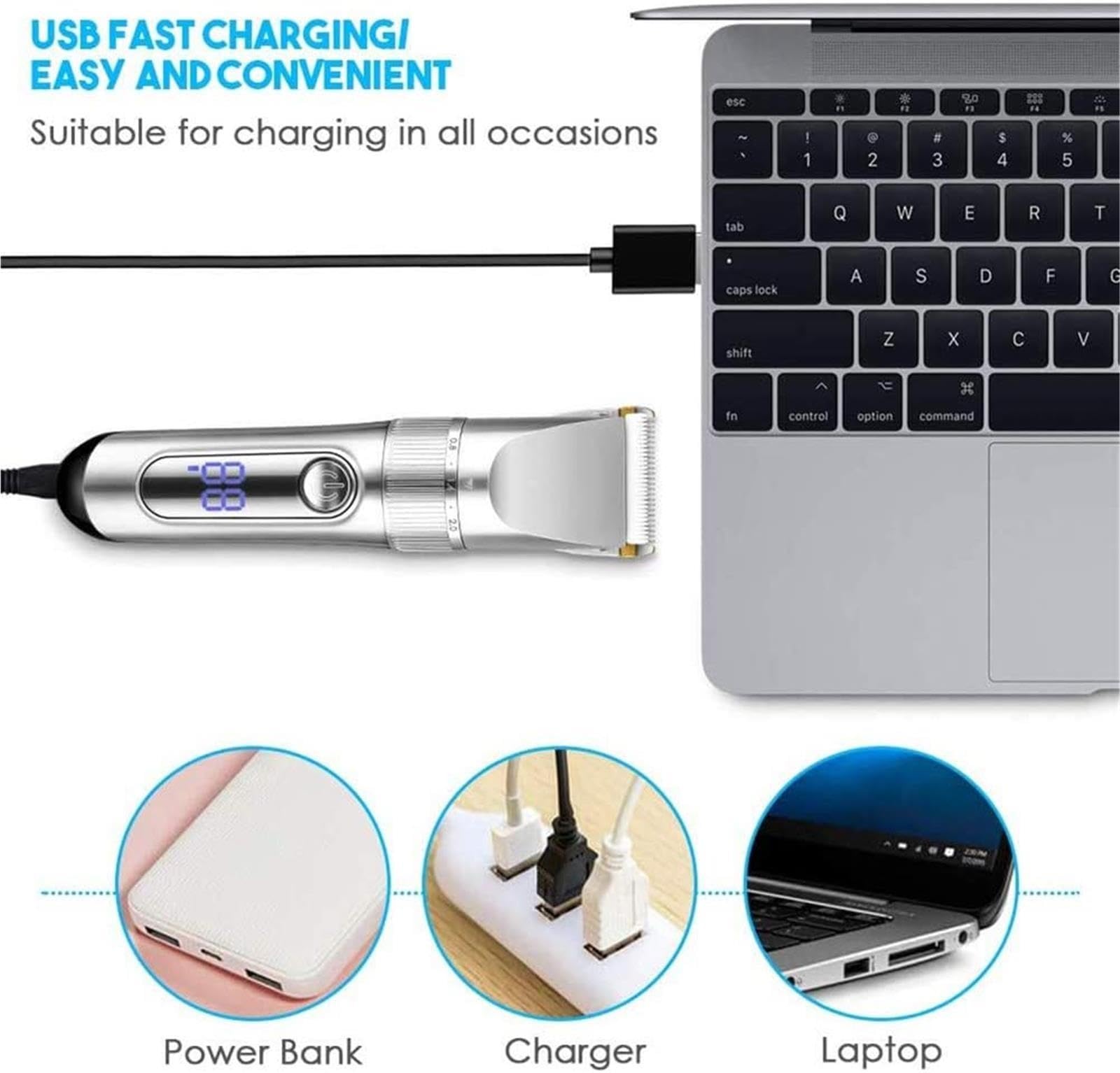 Cortapelos inalámbrico – LED, resistente al agua, recargable | Cortapelos inalámbrico profesional con pantalla LED, recargable por USB, resistente al agua y silencioso(Silver)