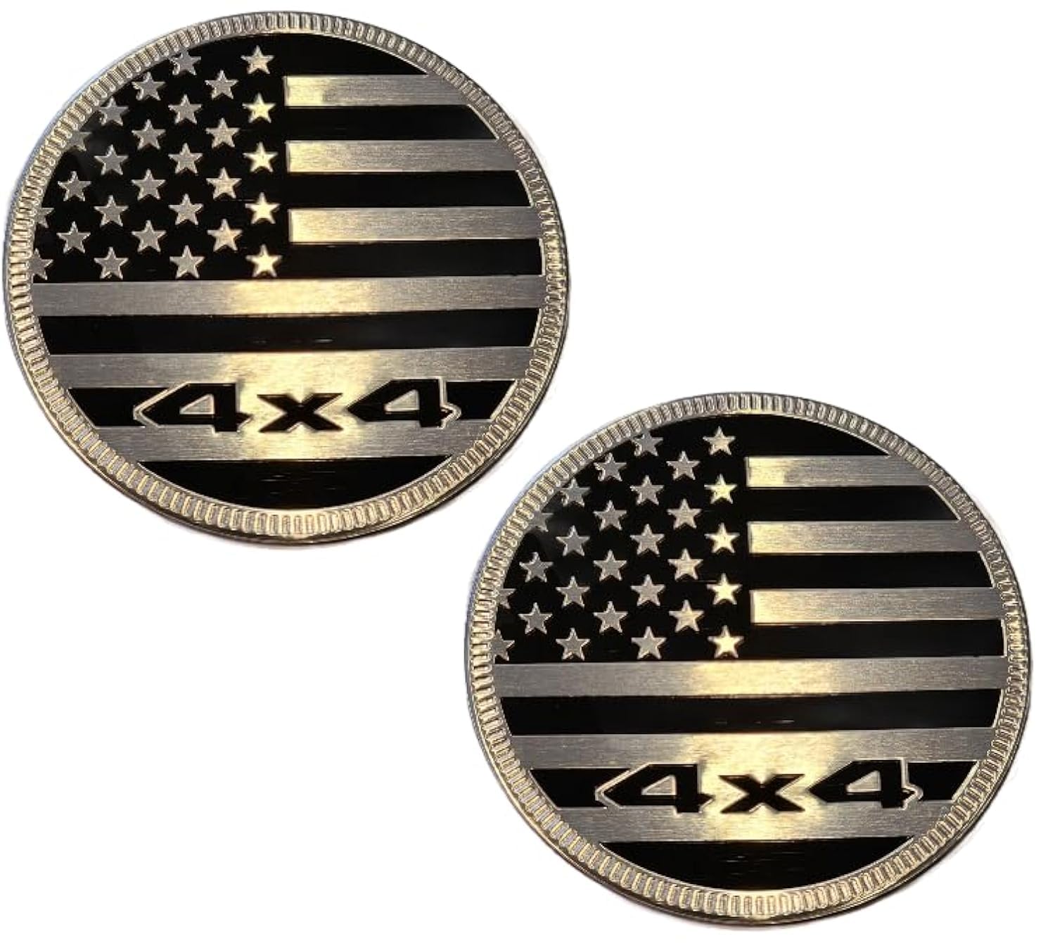 Muzzys (Set of Two) 4x4 Metal 3D American Flag Emblems 2.4" Chrome Black Round USA Fender Badge Fits Jeep Wrangler Grand Cherokee Liberty Trail Rated USA YJ TJ JK JL FJ RZR Can Am Stick On Patriotic