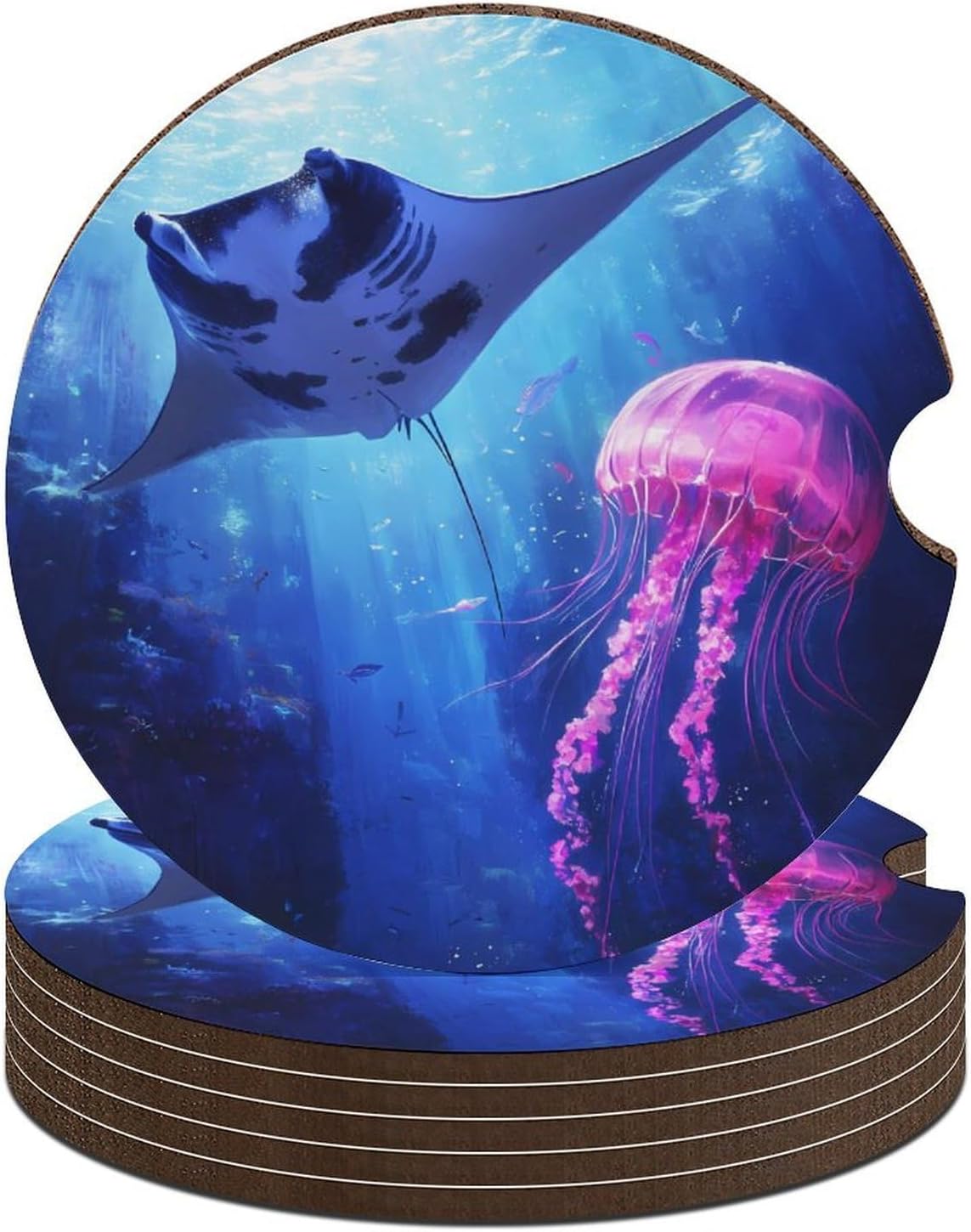 Manta Ray Jellyfish Cute Car Coasters 2.56 Inch Absorbent Cup Holder for Drinks Auto Interior Accessories