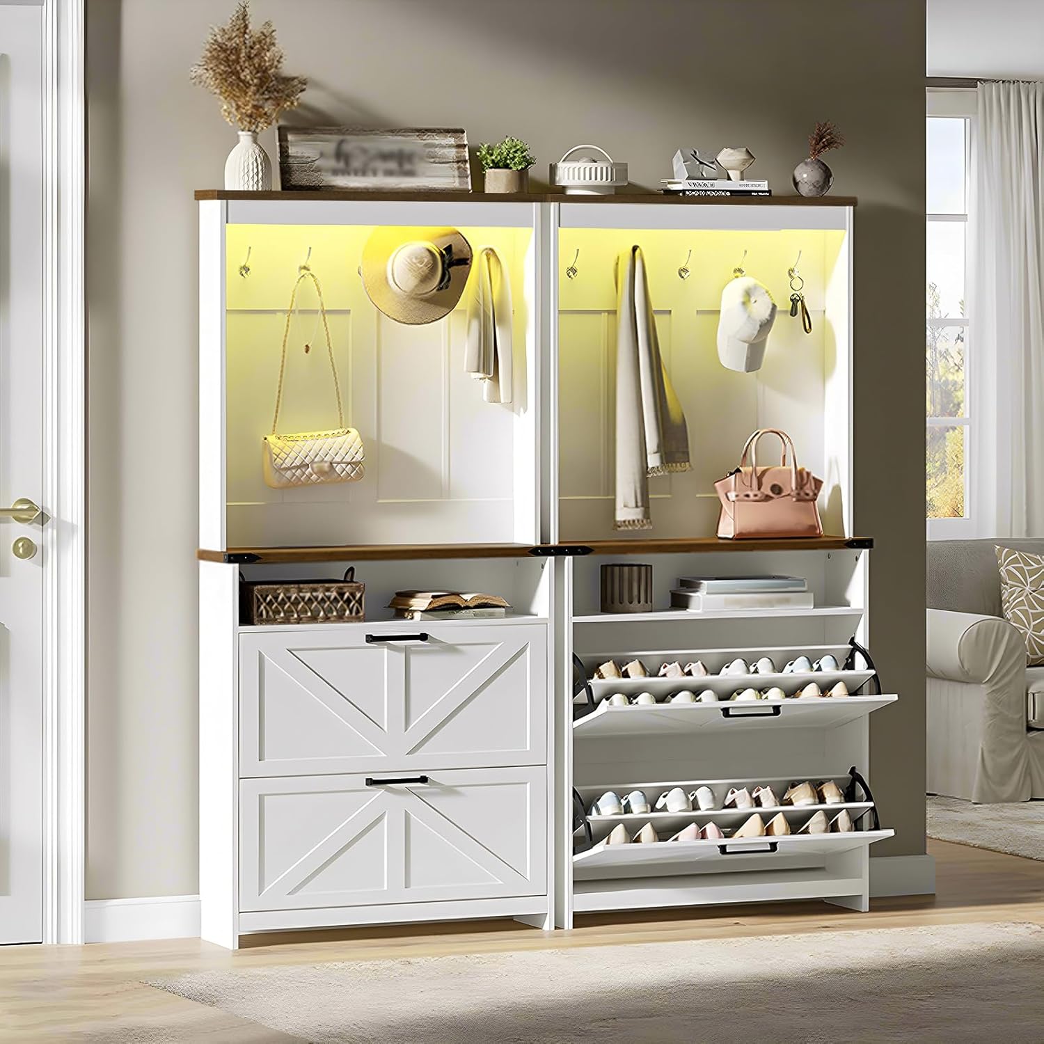 Farmhouse Shoe Cabinet with Coat Rack, Tall Shoe Cabinet with 2 Flip Drawers, Narrow Hidden Shoe Storage Cabinet, 2 in 1 Hall Tree Slim Freestanding Shoe Rack Organizer for Entryway, LED Light, White