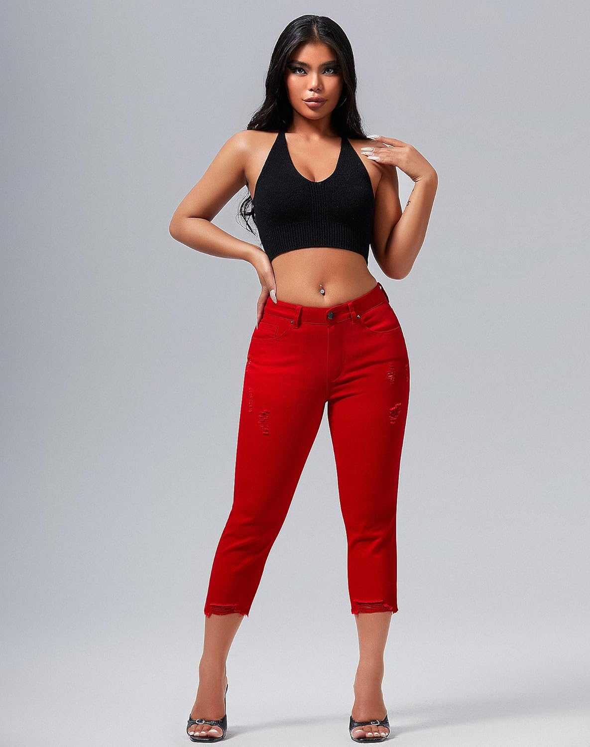 roswear Women's Capri Pants Mid Rise Skinny Ripped Stretchy Cropped Distressed Jeans - Image 8