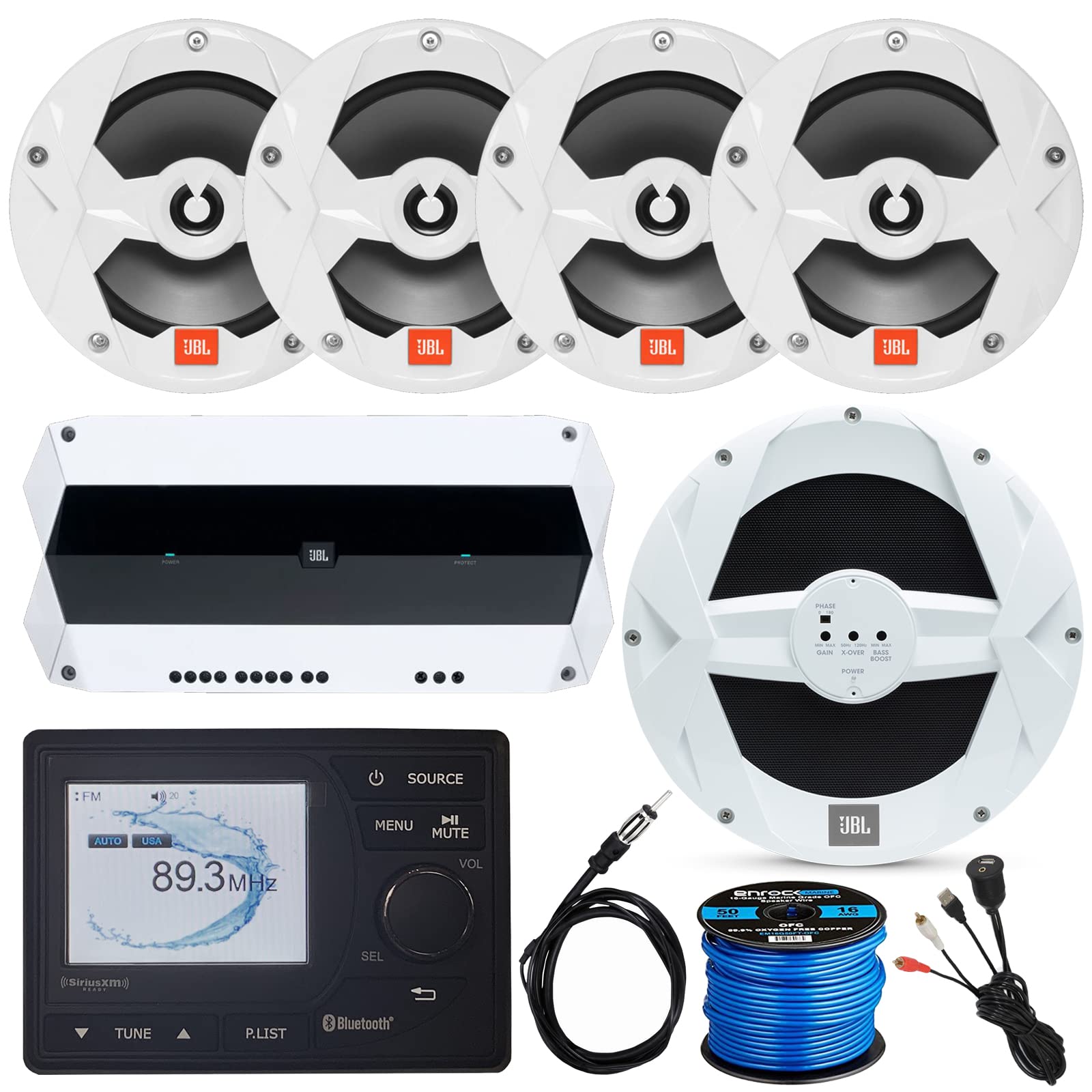 MilenniaMarine Bluetooth USB AM/FM Radio Digital Media Receiver, 4X 6.5 225W 2-Way Boat Stereo Speaker (White), 10" Powered Subwoofer, 5-Channel Amplifier, Speaker Wire, Antenna, USB/AUX Interface