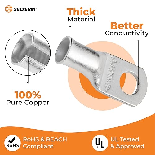 Miniatura 65 de SELTERM - Terminal en anillo de grado marino UL 2/0 AWG 3/8 pulgadas (25 uds) para batería, terminal tubular de cable eléctrico, conector calibre