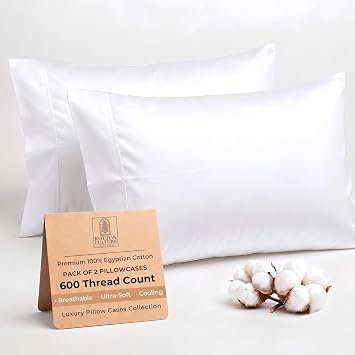 Kotton Culture Set of 2 Pillowcase Set 100% Egyptian Cotton 600 Thread Count Pillow Cover Protector Premium Bedding White, 20" x 36"