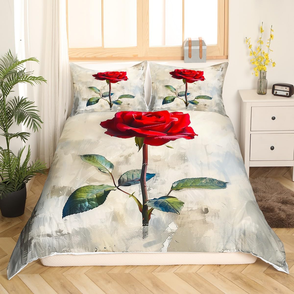 Feelyou Kids Rose Comforter Cover King Size, Rose Floral Flower Duvet Cover Boys Girls Garden Flower Bedding Set Romantic Teens Bedspread Cover Bedroom Decor Quilt Cover 3Pcs (No Comforter)