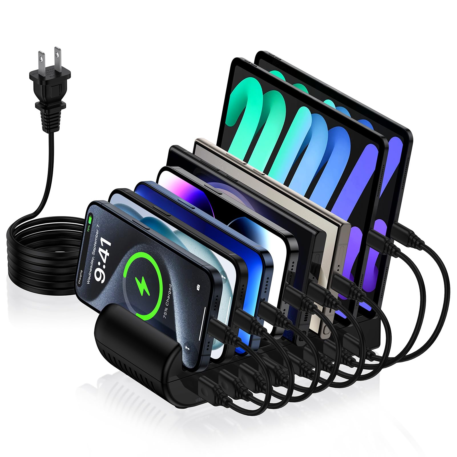 Charging Station, 65W 8 Ports Multi Charger Station USB Charging Dock for Multiple Devices for Samsung Galaxy A16 A15 5G A14 A13 S25 Ultra S24 FE S23 S22 A56 iPhone 16e 16 15 Pro Max, Pixel 9 Pro XL