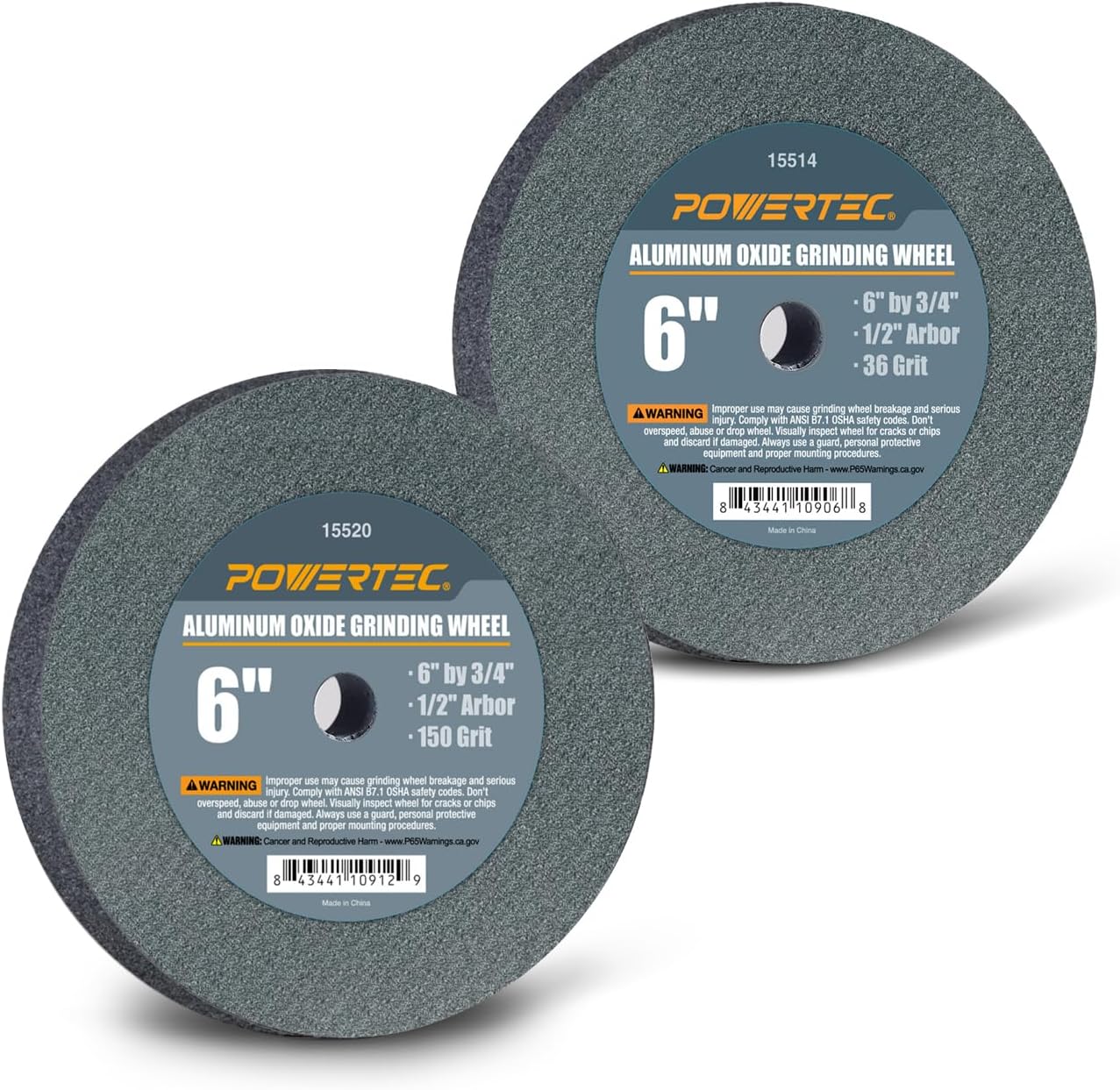 POWERTEC Bench and Pedestal Grinding Wheels, 6 Inch x 3/4 Inch, 1/2 Arbor, 150 & 36 Grit, Aluminum Oxide Bench Grinder Wheel for Bench Grinder, 2PK