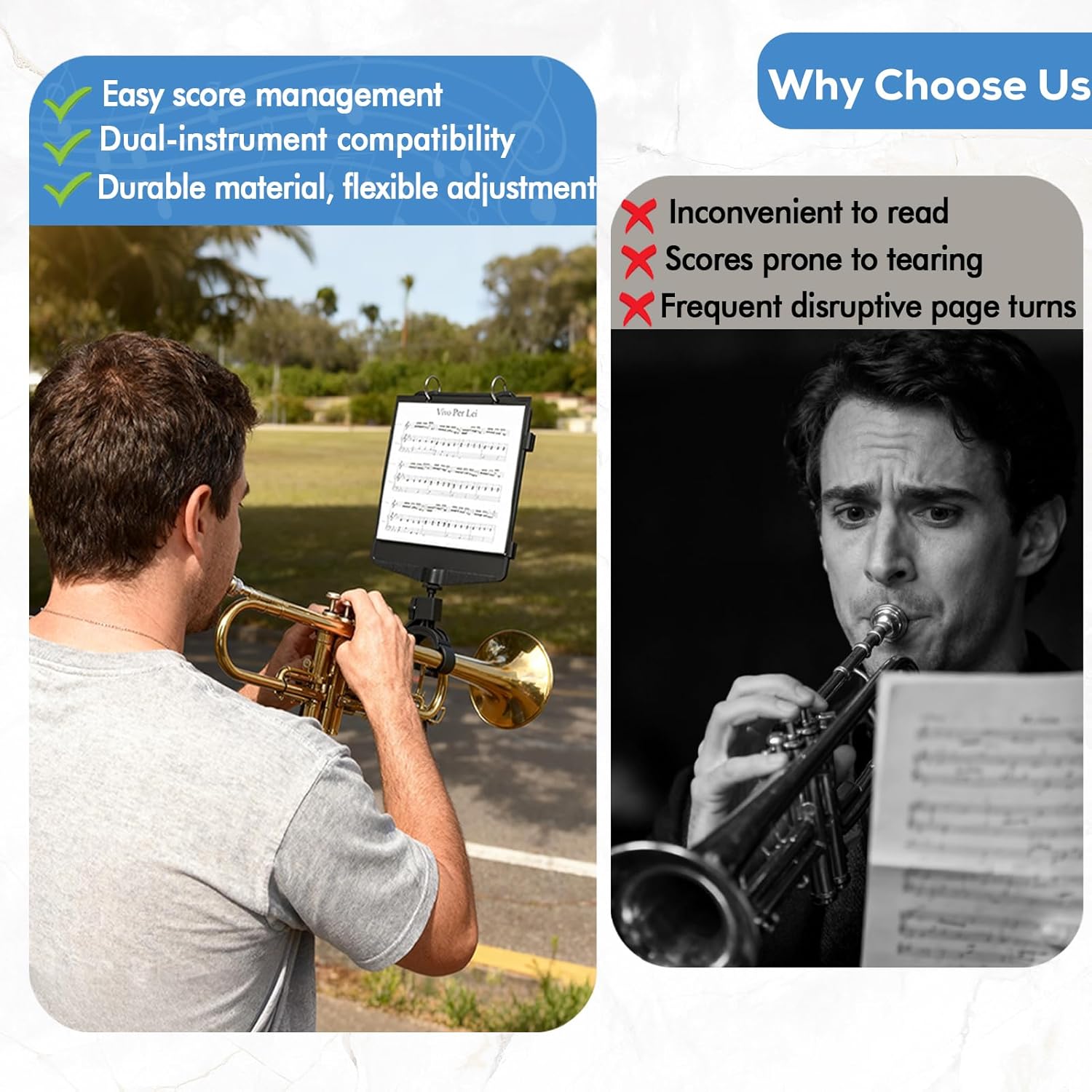 Trumpet Lyre 2 in 1 Adjustable Trumpet & Snare Drum Marching Band Lyre, Music Flip Folder with 10 Double-Sided Folio Pages Marching Band Accessory