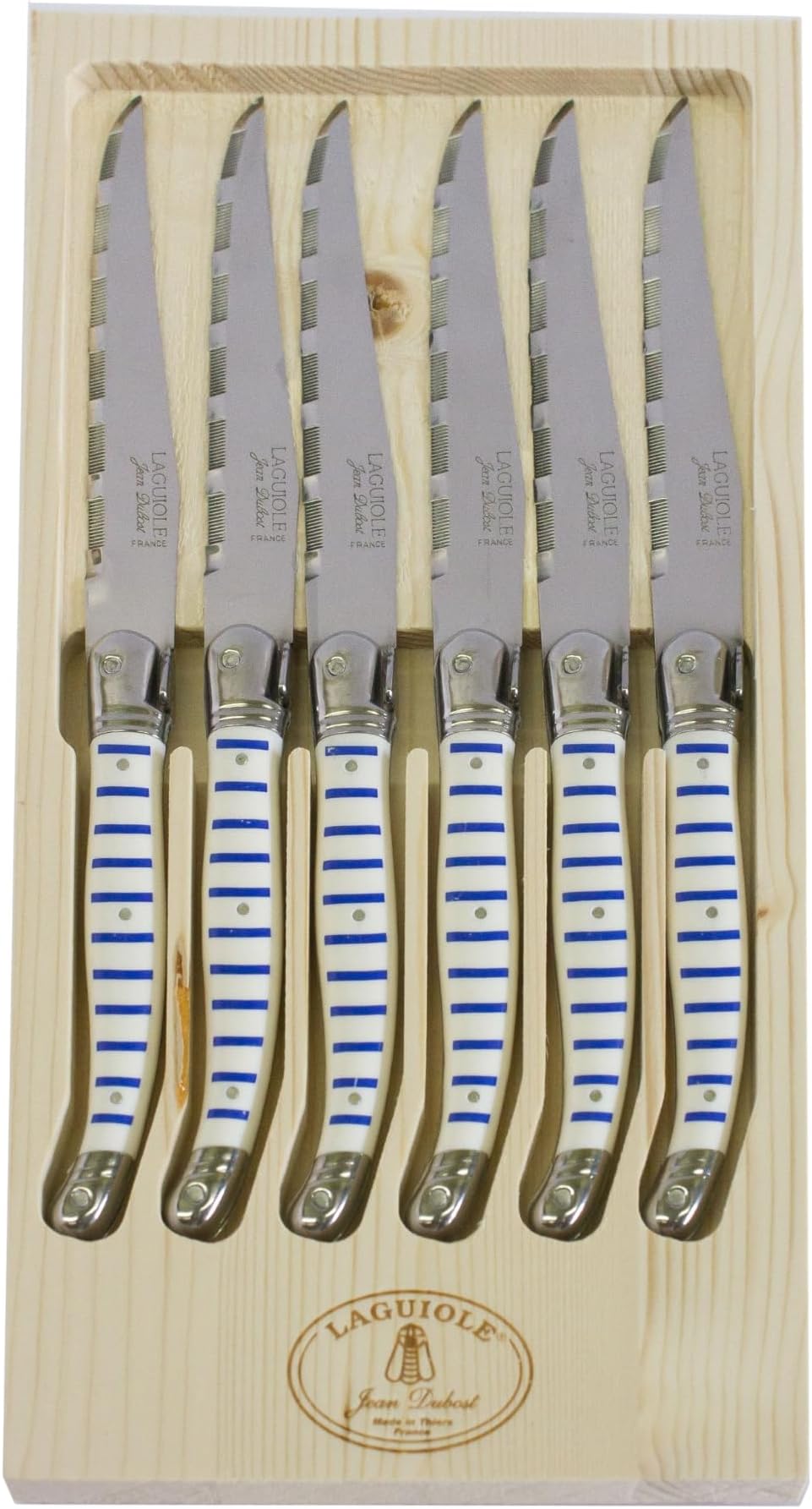 Laguiole 6-Piece Steak Knife Set, Mariniere Handles - 2.5 mm Blades - Rust-Resistant Stainless Steel - Includes Wooden Tray - Made in France