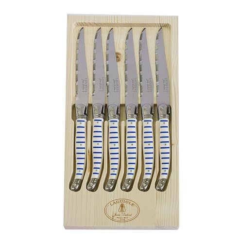 Jean Dubost Laguiole 6-Piece Steak Knife Set, Mariniere Handles - 2.5 mm Blades - Rust-Resistant Stainless Steel - Includes Wooden Tray - Made in France - Mariniere